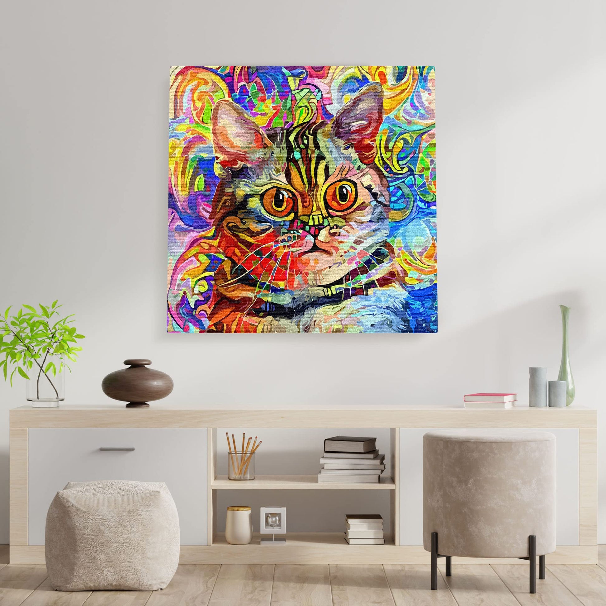 Colorful watercolor cat wall art with vibrant abstract swirls and bold lines on bright multicolor canvas above modern console table