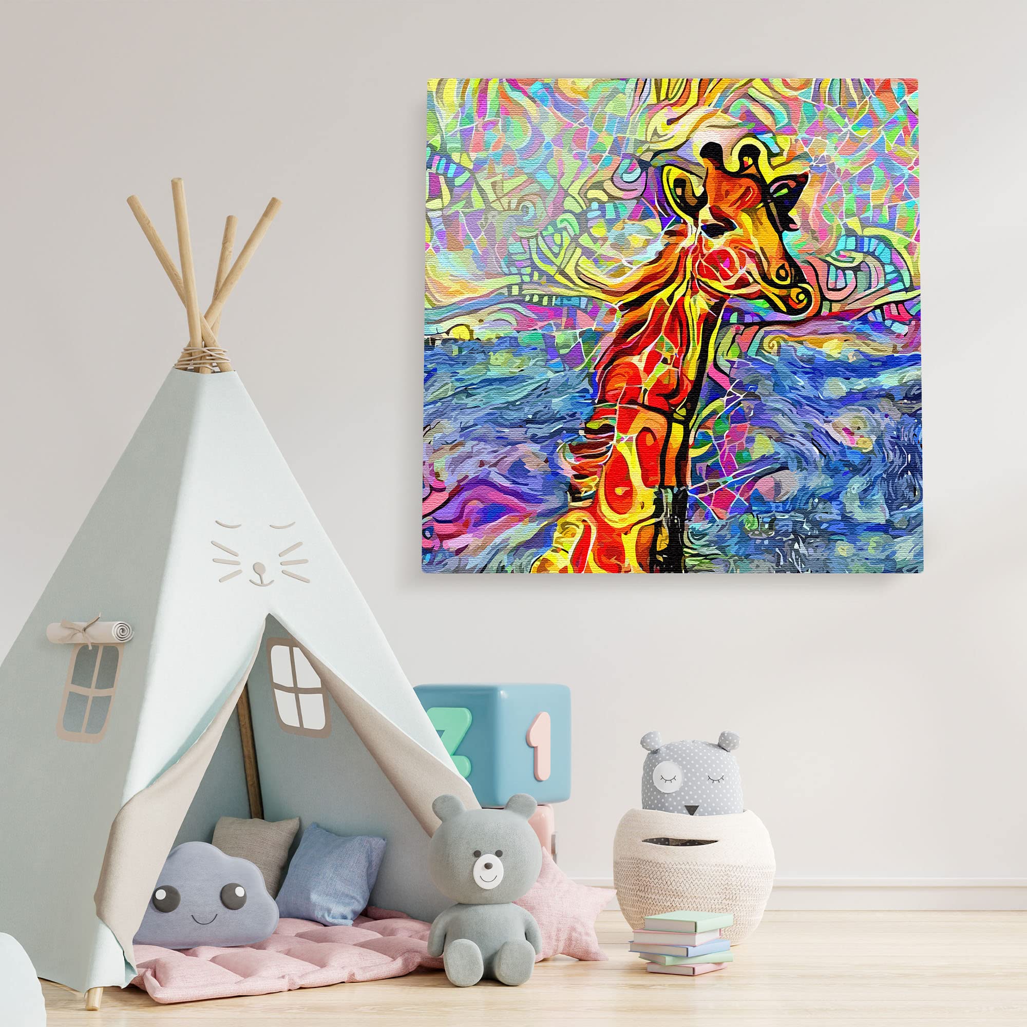 Abstract giraffe canvas wall art with vibrant colorful geometric patterns in modern minimalist kids playroom decor setting