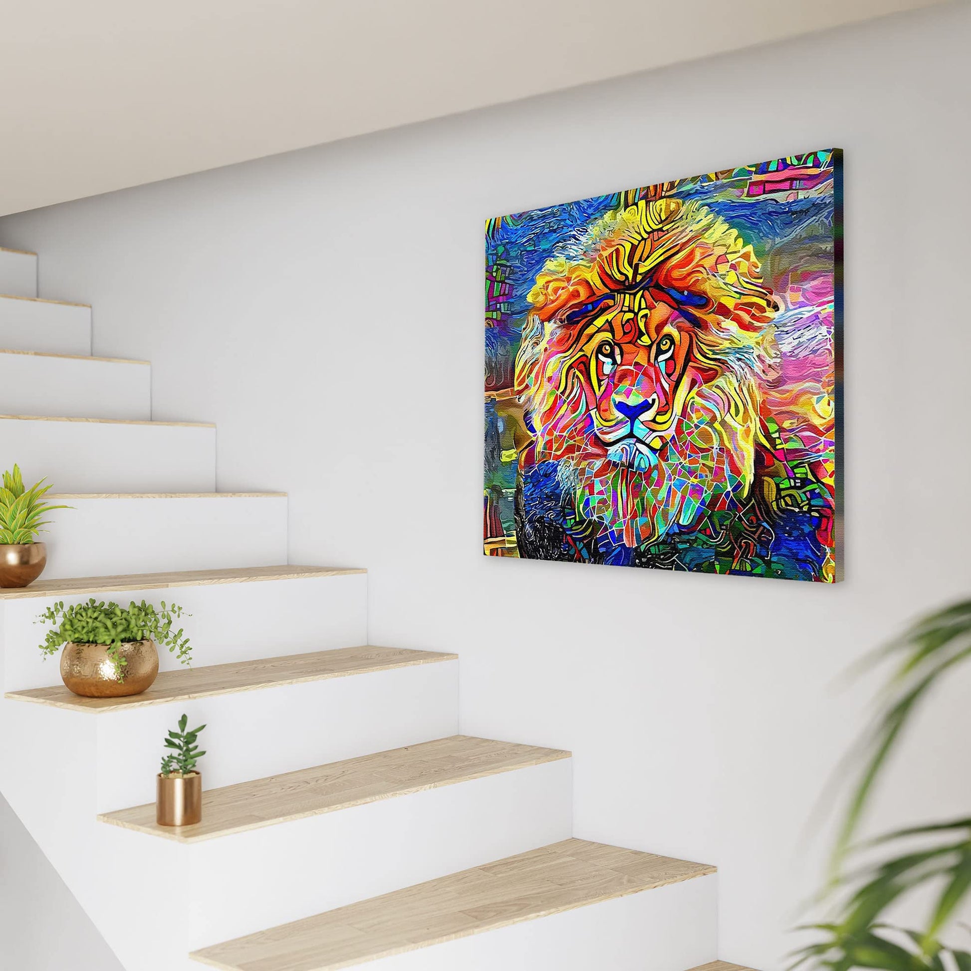 Colorful abstract lion face wall art with vibrant geometric patterns on textured canvas in modern stairwell setting
