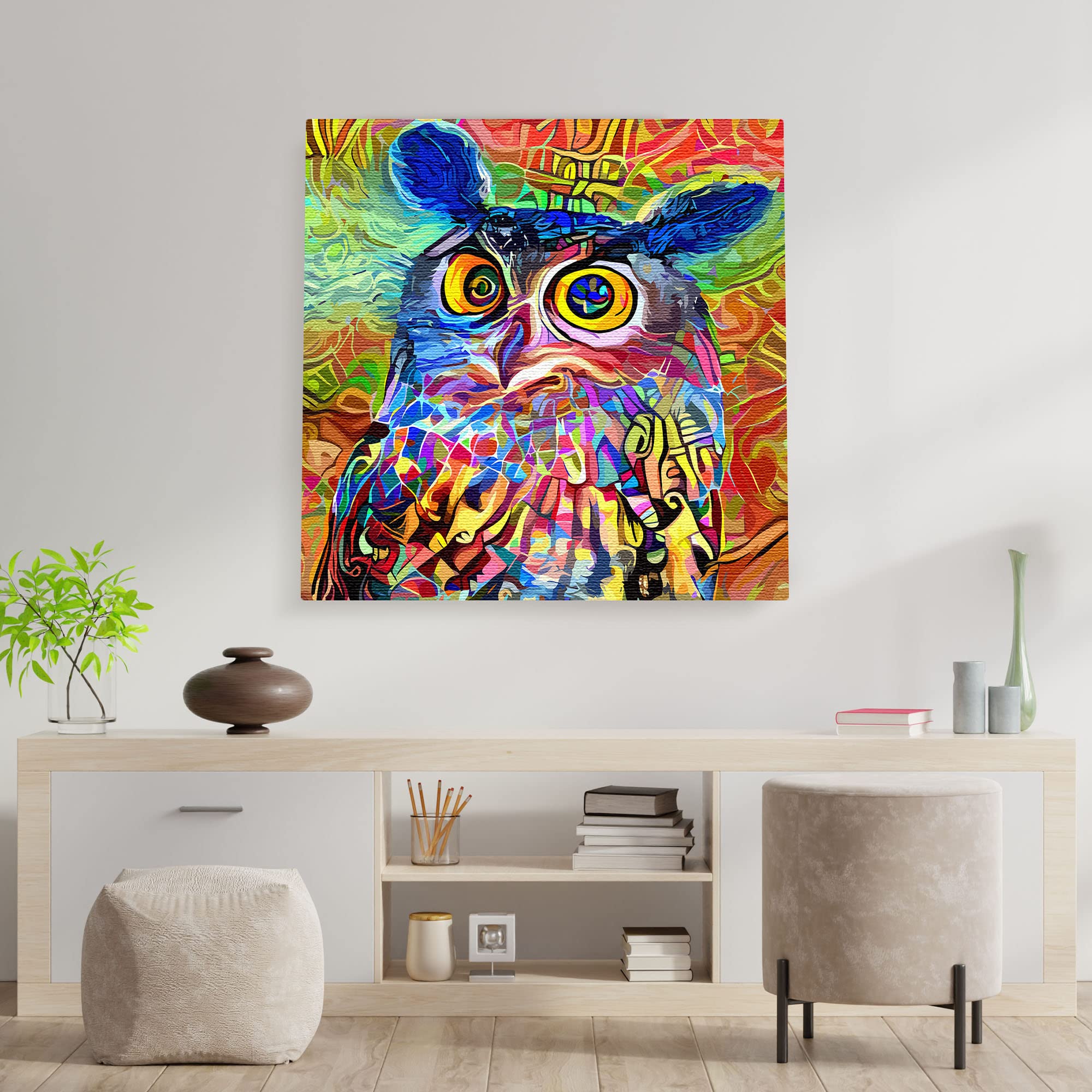 Vibrant geometric mosaic owl with colorful abstract and swirling patterns on square canvas wall art in modern living room