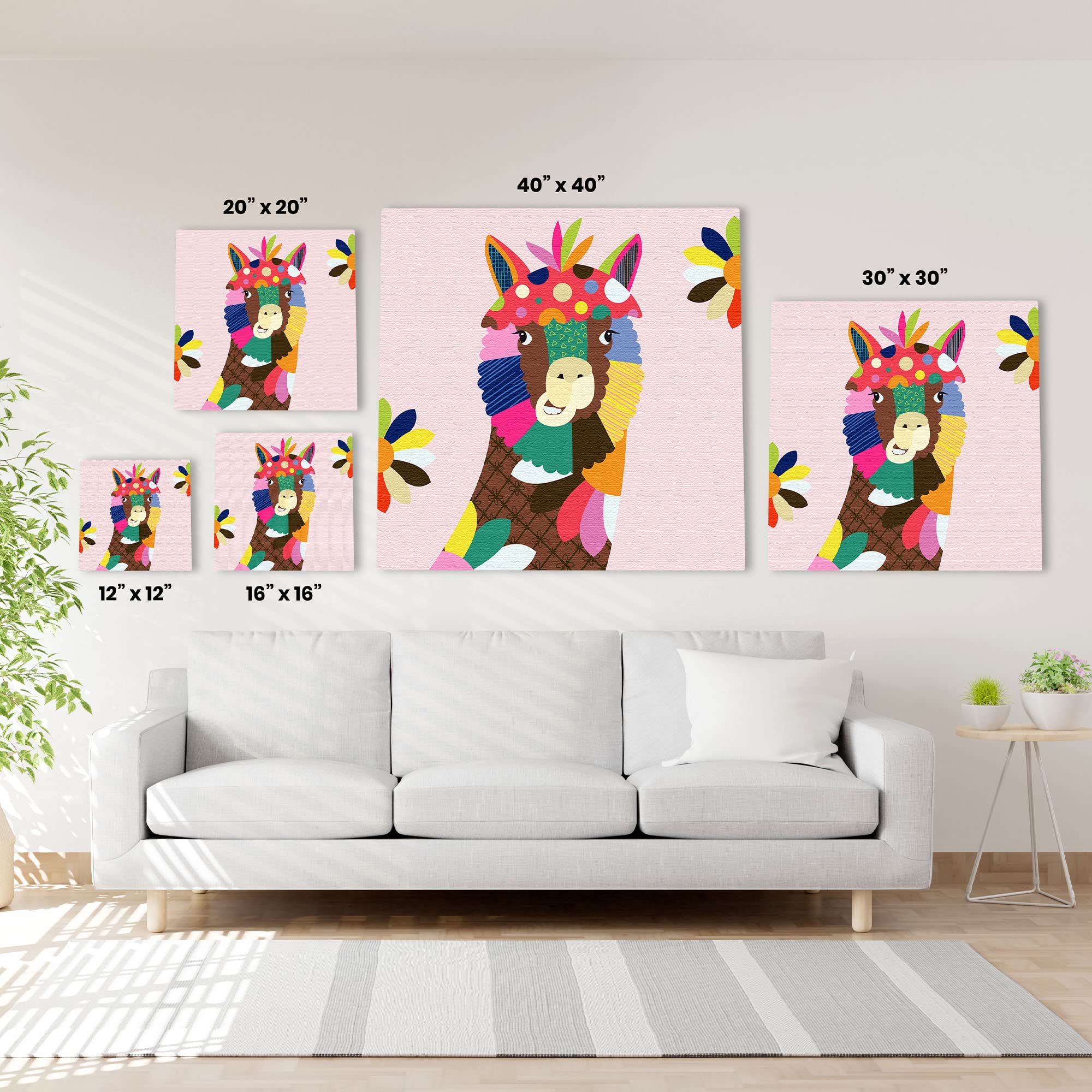 Colorful abstract alpaca nursery wall art with vibrant pinks, blues, greens, yellows, and oranges in geometric and floral patterns