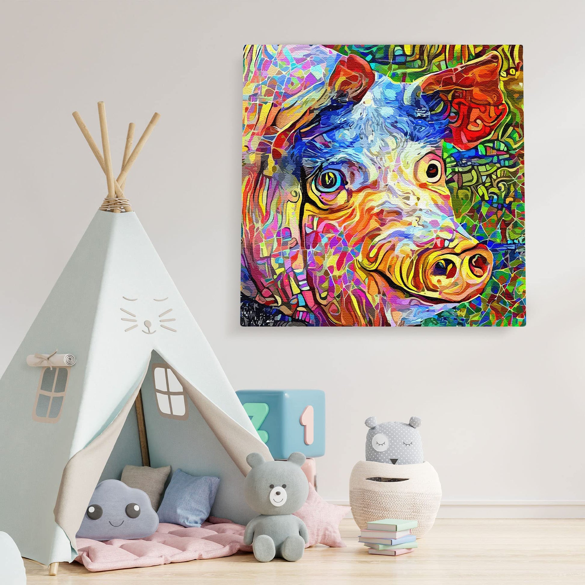 Funny abstract pig with vibrant geometric and swirling digital patterns on square canvas wall art above children's playroom tent