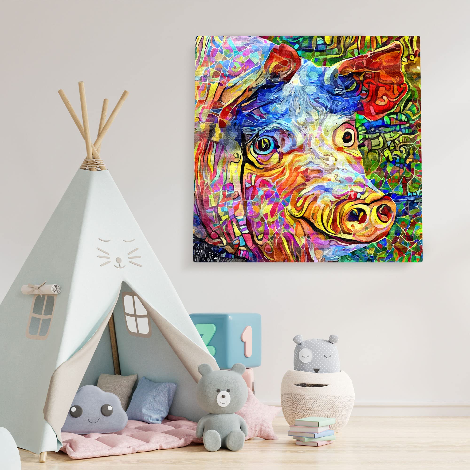 Funny abstract pig with vibrant geometric and swirling digital patterns on square canvas wall art above children's playroom tent