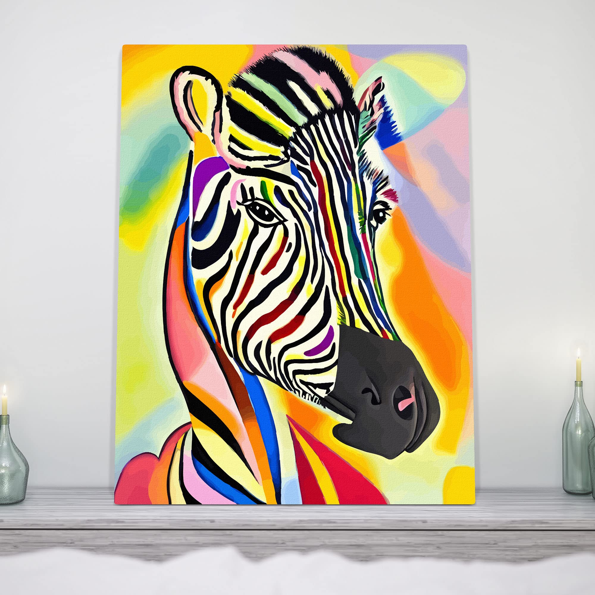 Colorful abstract zebra portrait with vibrant multicolor stripes printed on canvas displayed on gray shelf with candles