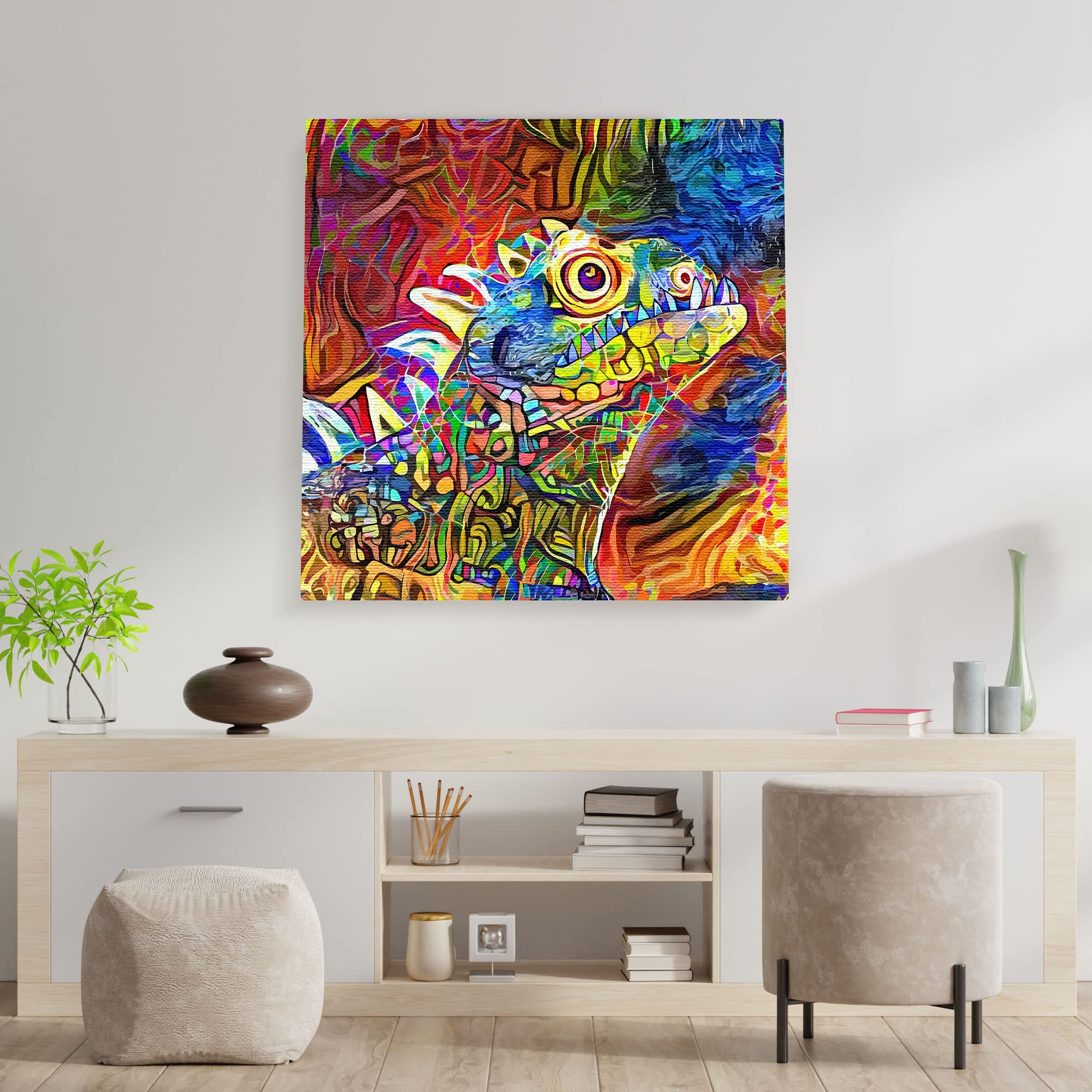 Colorful iguana wall art print with vibrant abstract geometric patterns on textured canvas in bright modern room setting