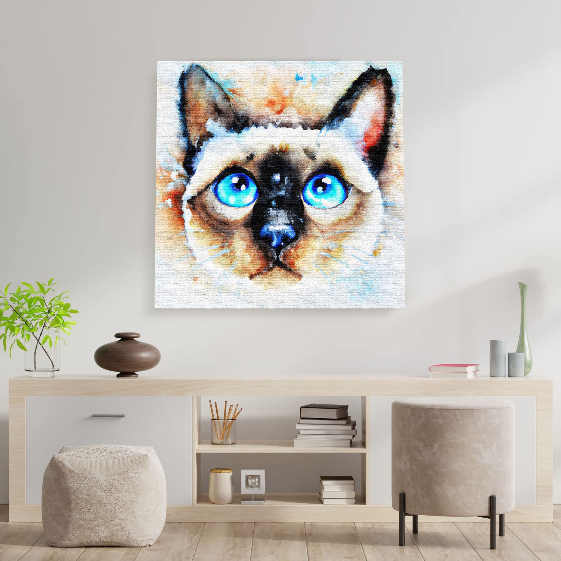 Abstract watercolor Siamese cat wall art featuring bright blue eyes with soft beige and black tones on a light textured background