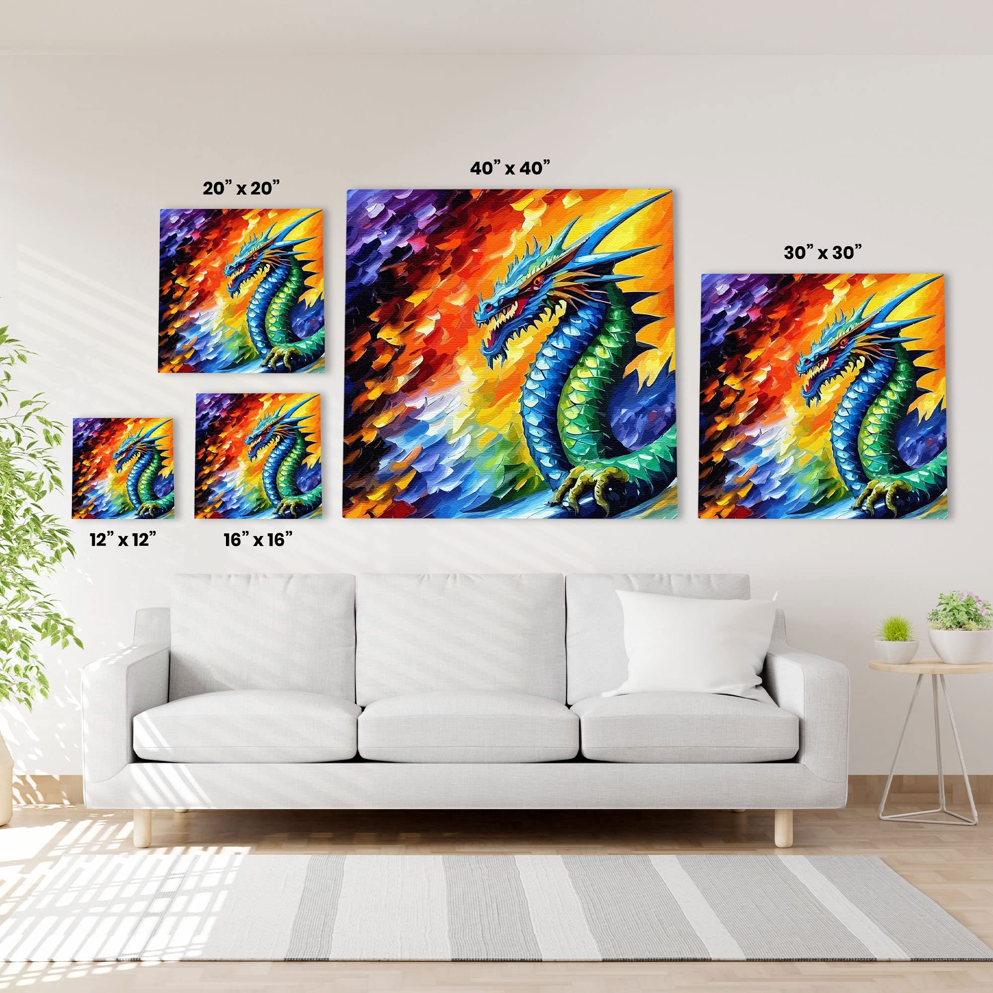 Colorful mythical Chinese dragon canvas wall art with vibrant scales and fiery abstract background in various square sizes above white sofa