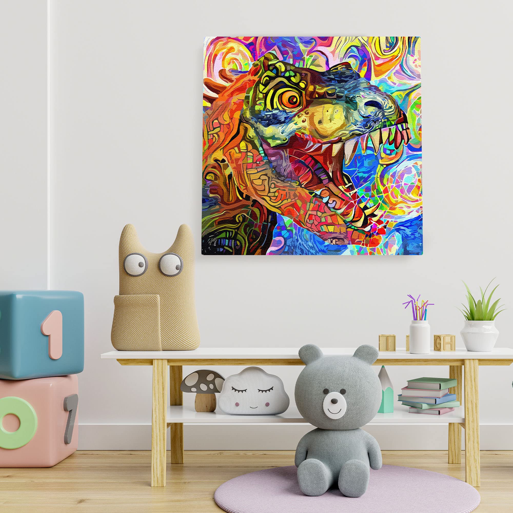 Bright colorful geometric mosaic T-Rex dinosaur wall art with vibrant abstract patterns on square canvas in kids room