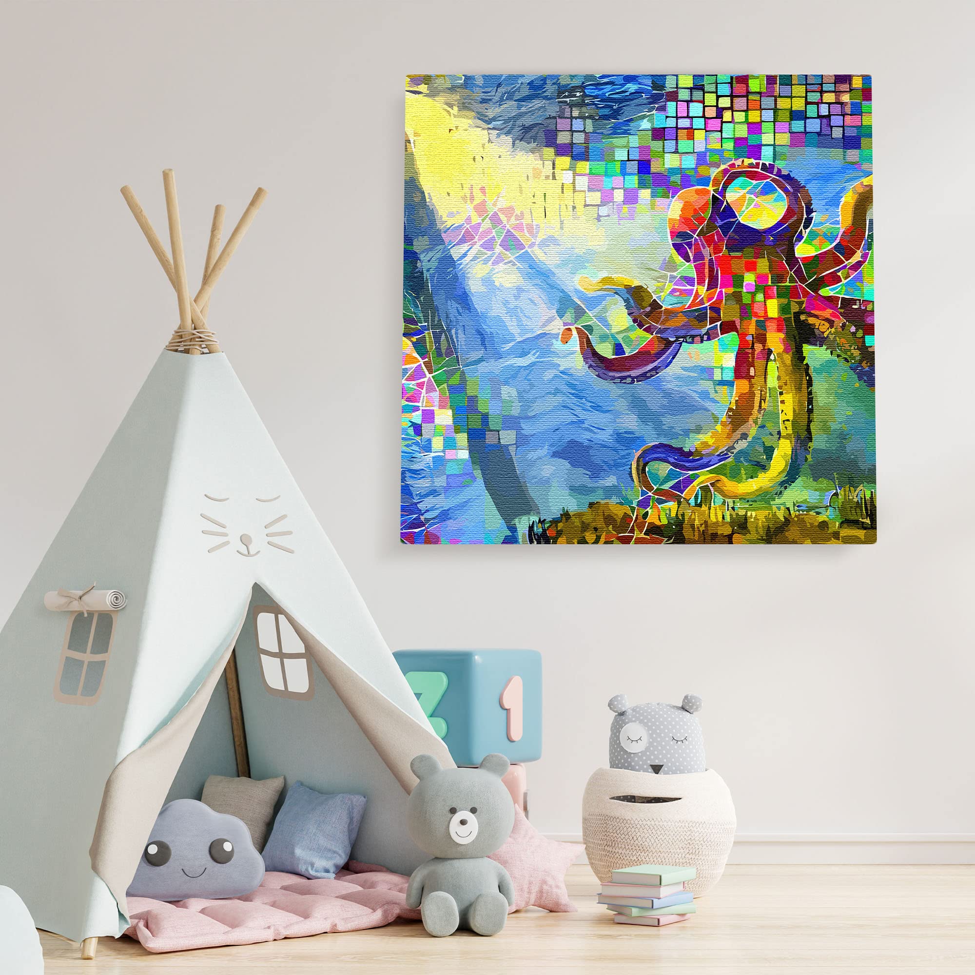 Colorful abstract underwater octopus with vibrant geometric patterns on square canvas in playful children's room setting