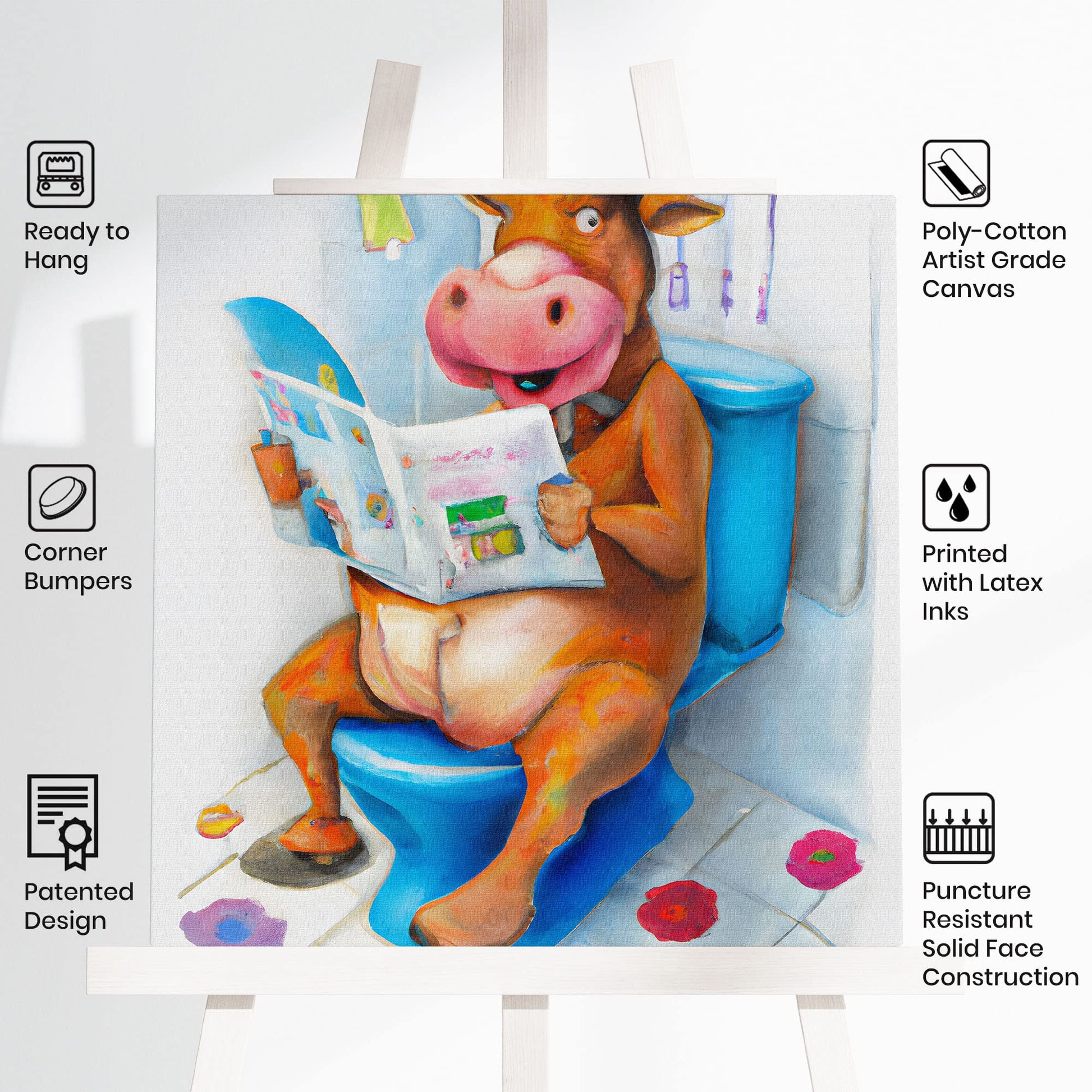 Colorful quirky funny cow watercolor wall art with cartoon cow sitting on blue toilet reading newspaper with bathroom tiles and flowers