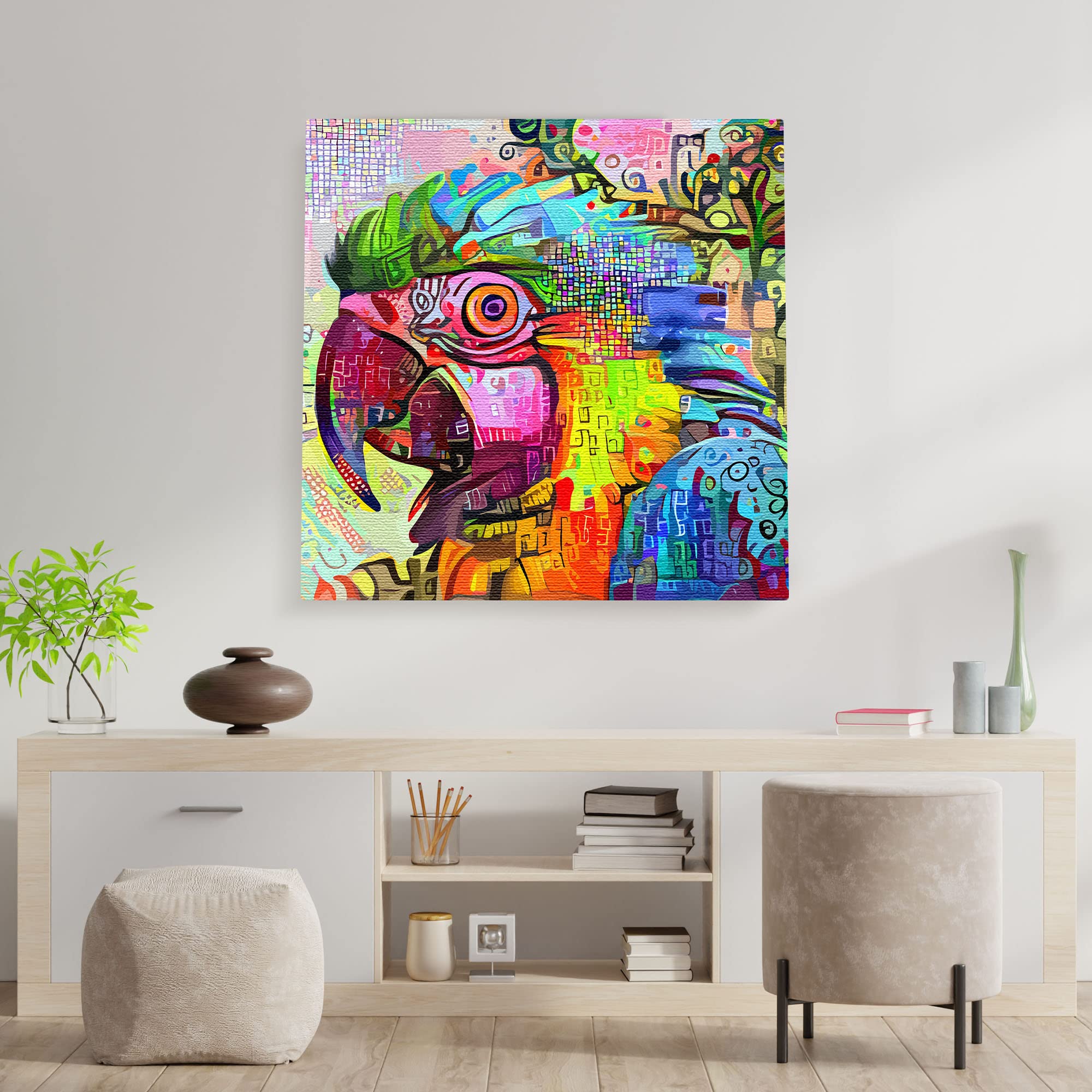 Colorful abstract macaw with vibrant geometric and textured patterns on square canvas wall art above light wood console table