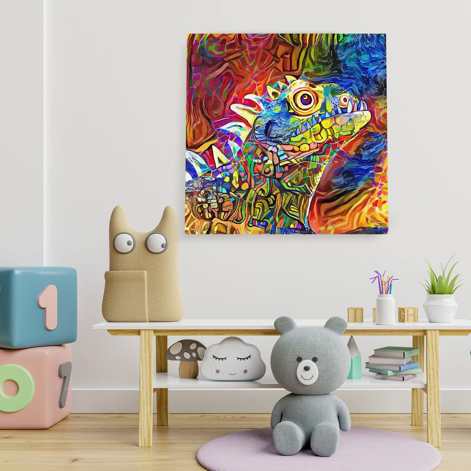 Vibrant colorful iguana wall art print with intricate abstract geometric patterns on textured canvas in playful children's room setting