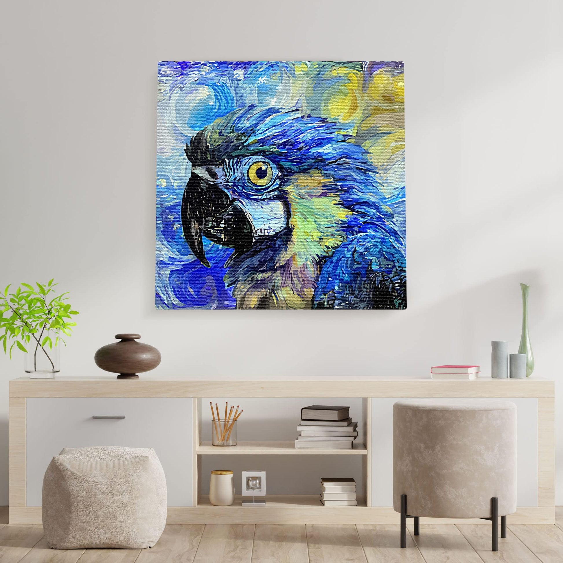 Blue macaw parrot with vibrant swirling and textured brush strokes on square canvas wall art above wooden console table