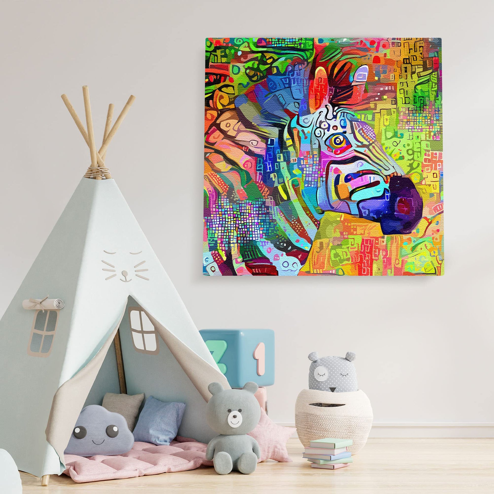 Vibrant multicolored abstract zebra portrait printed on canvas hanging on wall above playful kids reading nook