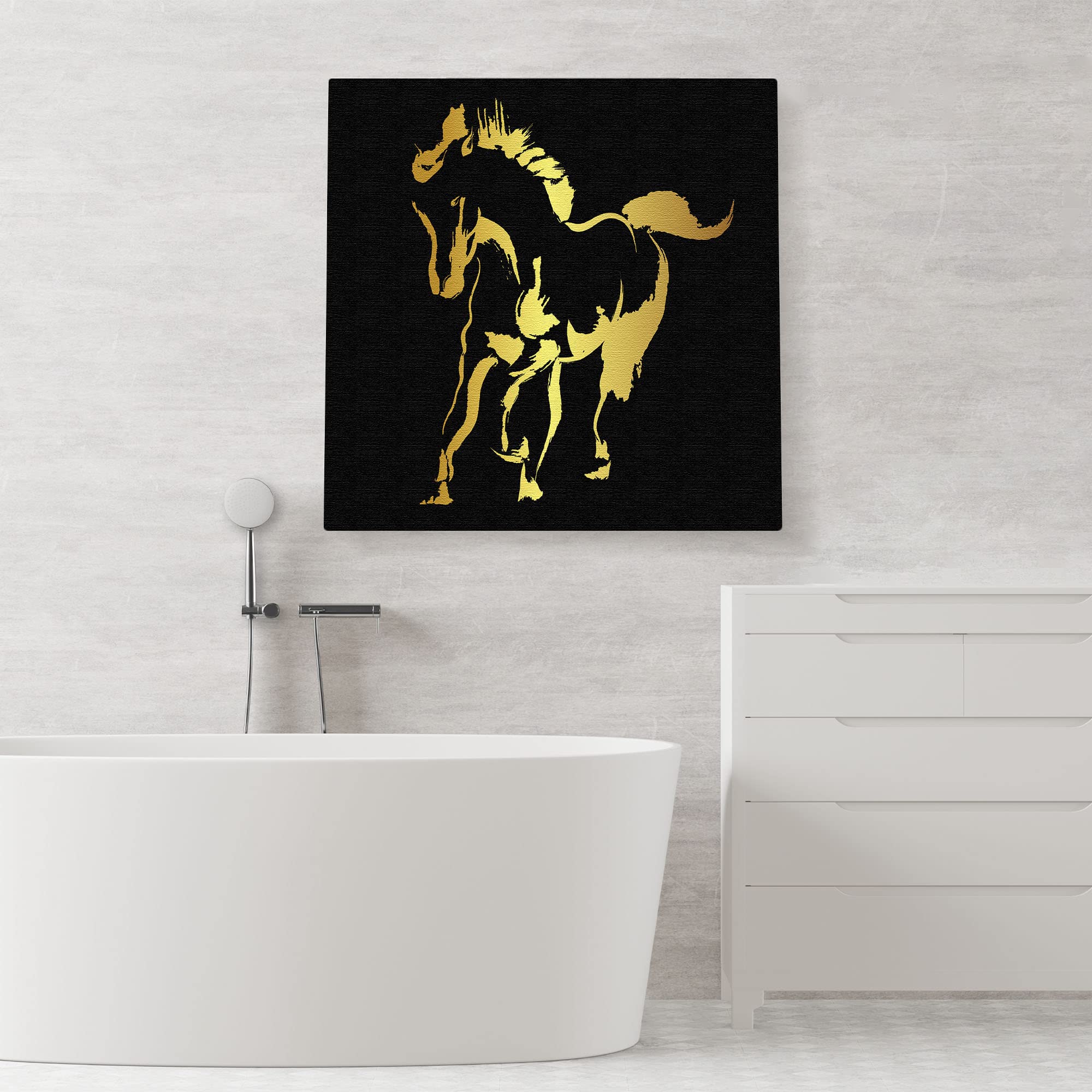 Abstract black and gold silhouette horse art print on textured canvas in modern minimalist bathroom setting