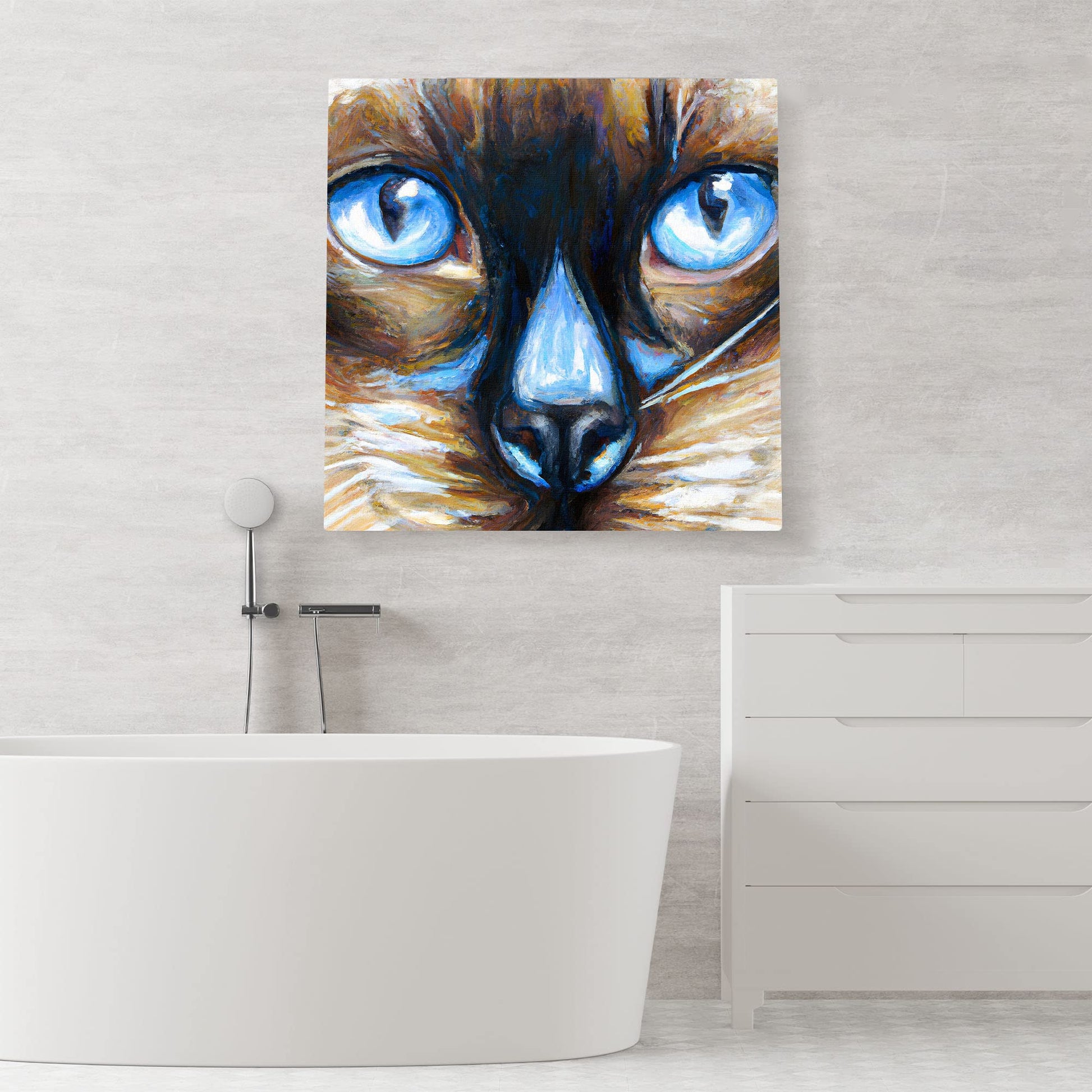 Close-up Siamese cat wall art with large bright blue eyes and detailed colorful brush strokes on square canvas above bathtub