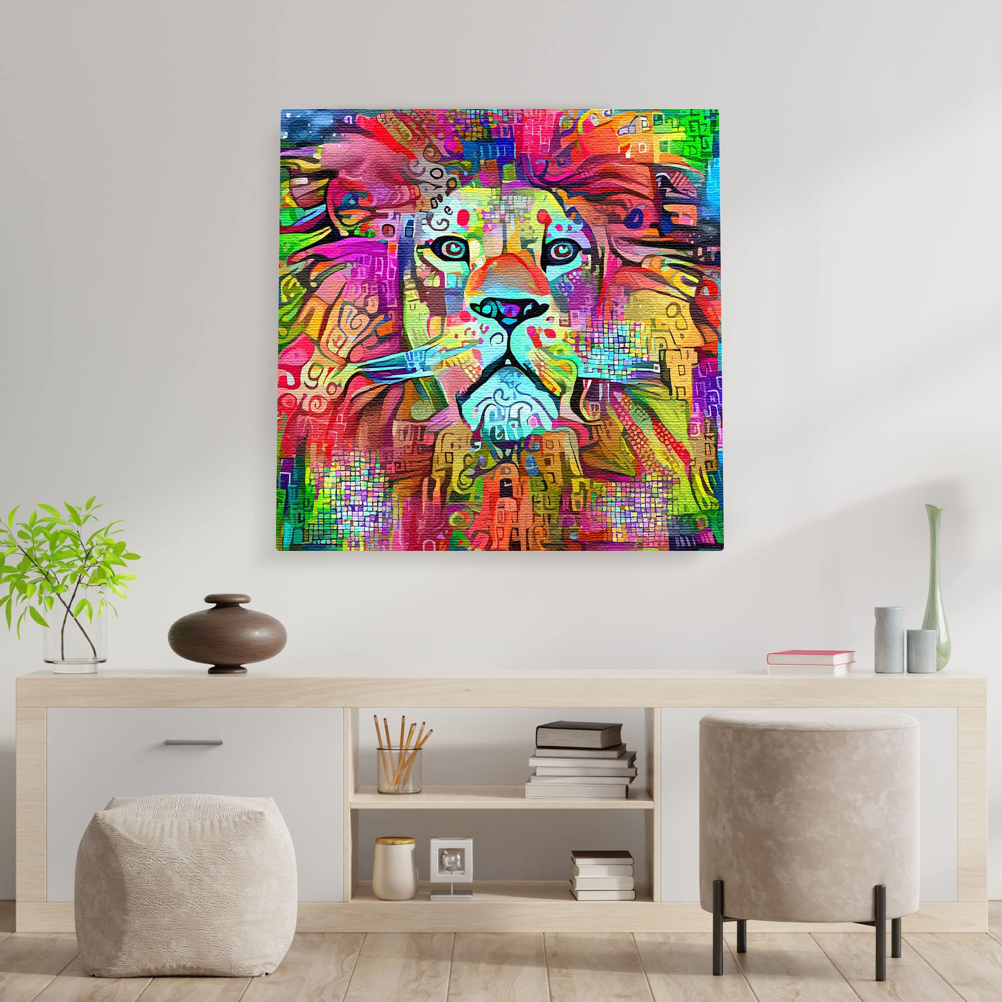 Vibrant colorful abstract lion artwork on square canvas displayed on white wall above modern wooden console with decor