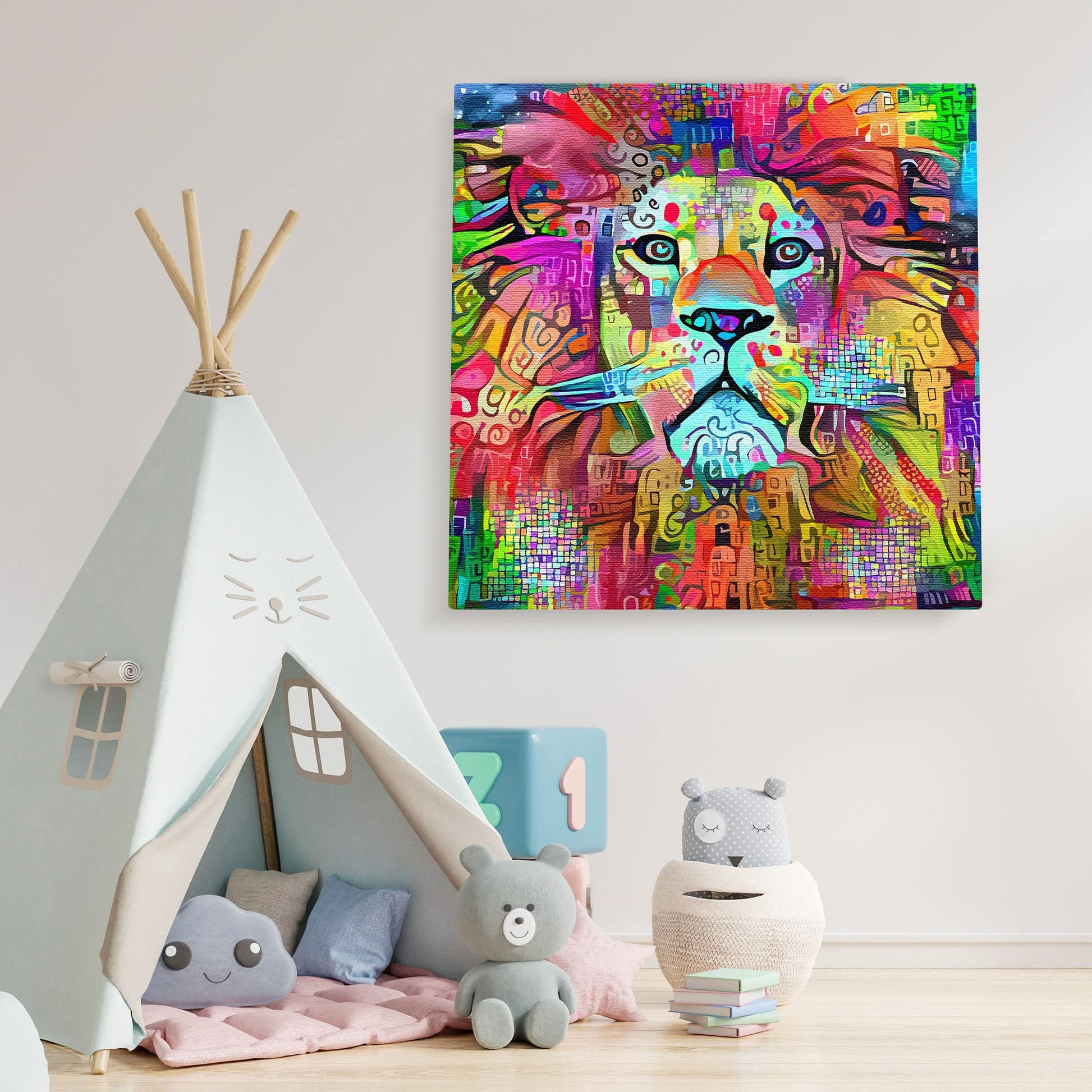 Vibrant colorful abstract lion artwork on square canvas displayed on white kids room wall above plush toys and teepee tent