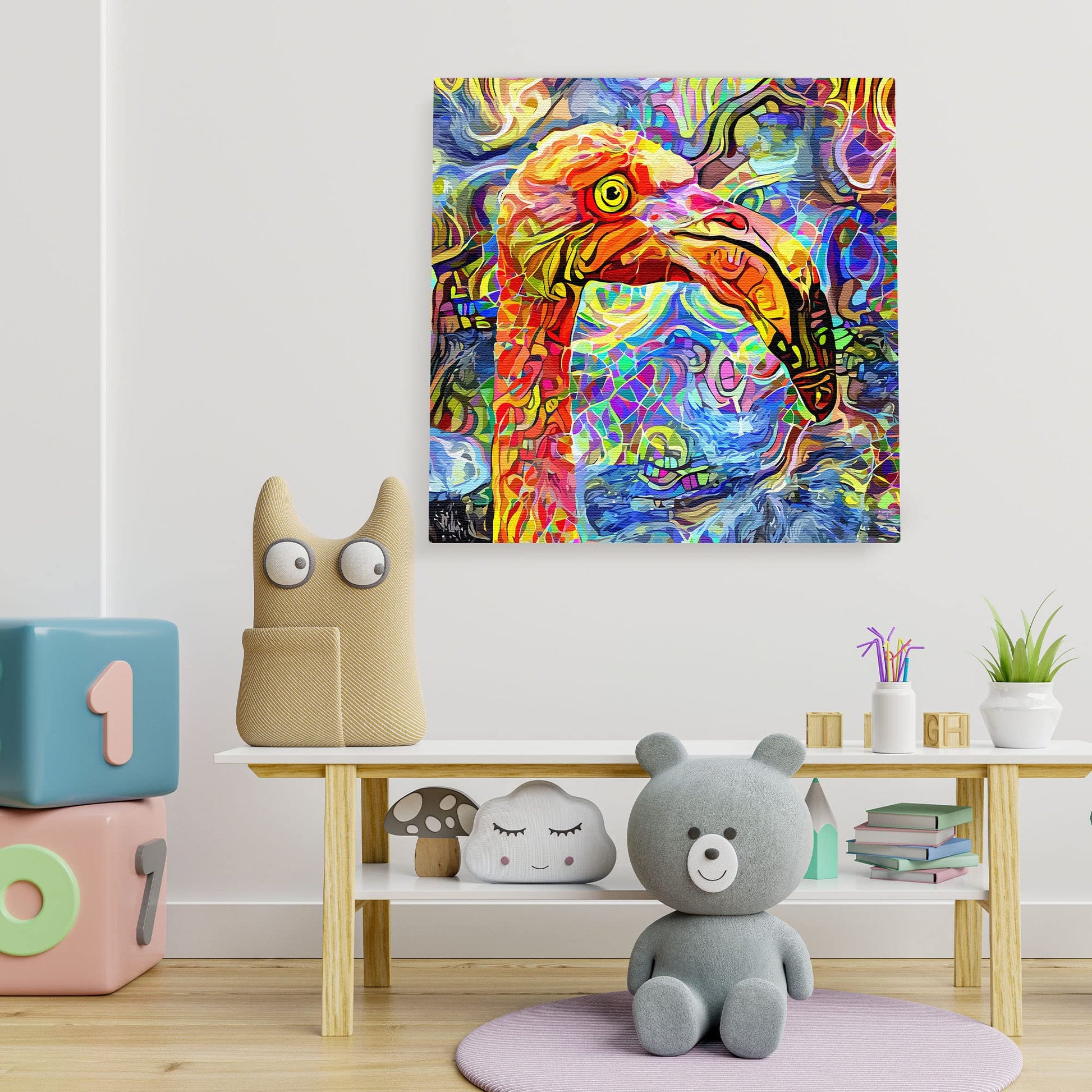 Colorful quirky abstract flamingo bird art with vibrant patterns hanging on white wall above children's playroom bench and toys