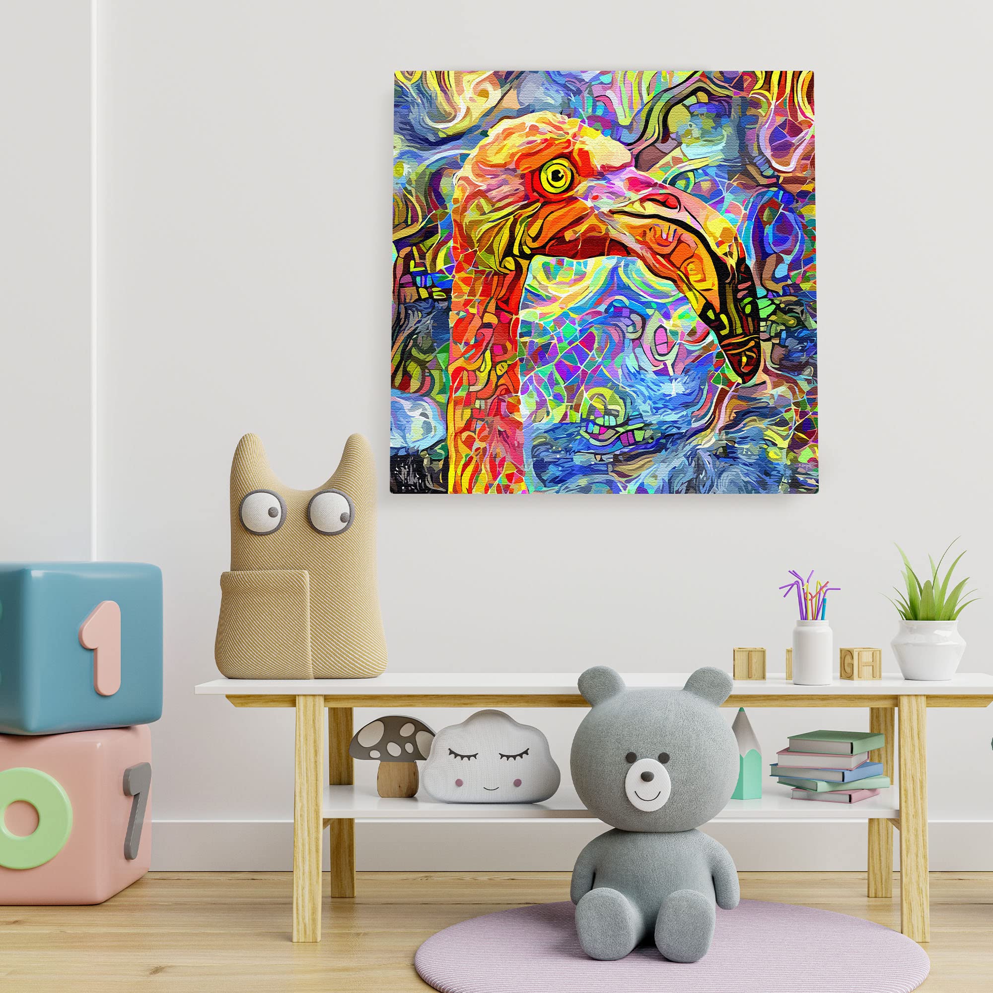 Colorful quirky abstract flamingo bird art with vibrant patterns hanging on white wall above children's playroom bench and toys