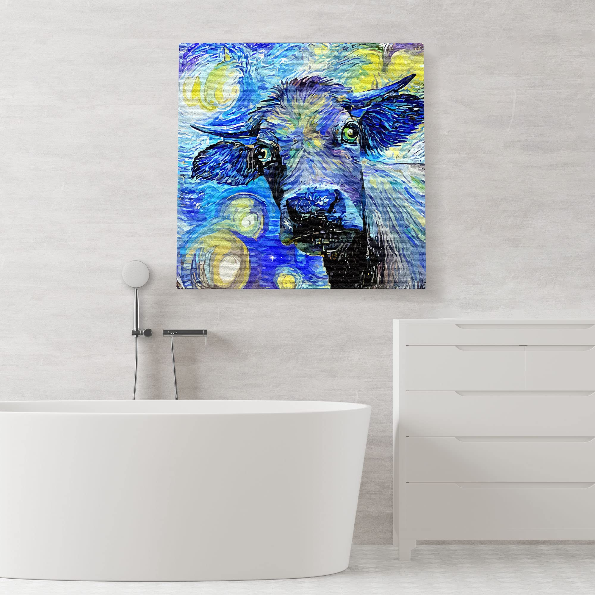 Blue abstract cow painting with swirling vibrant brushstrokes on square canvas displayed above white bathtub in modern bathroom