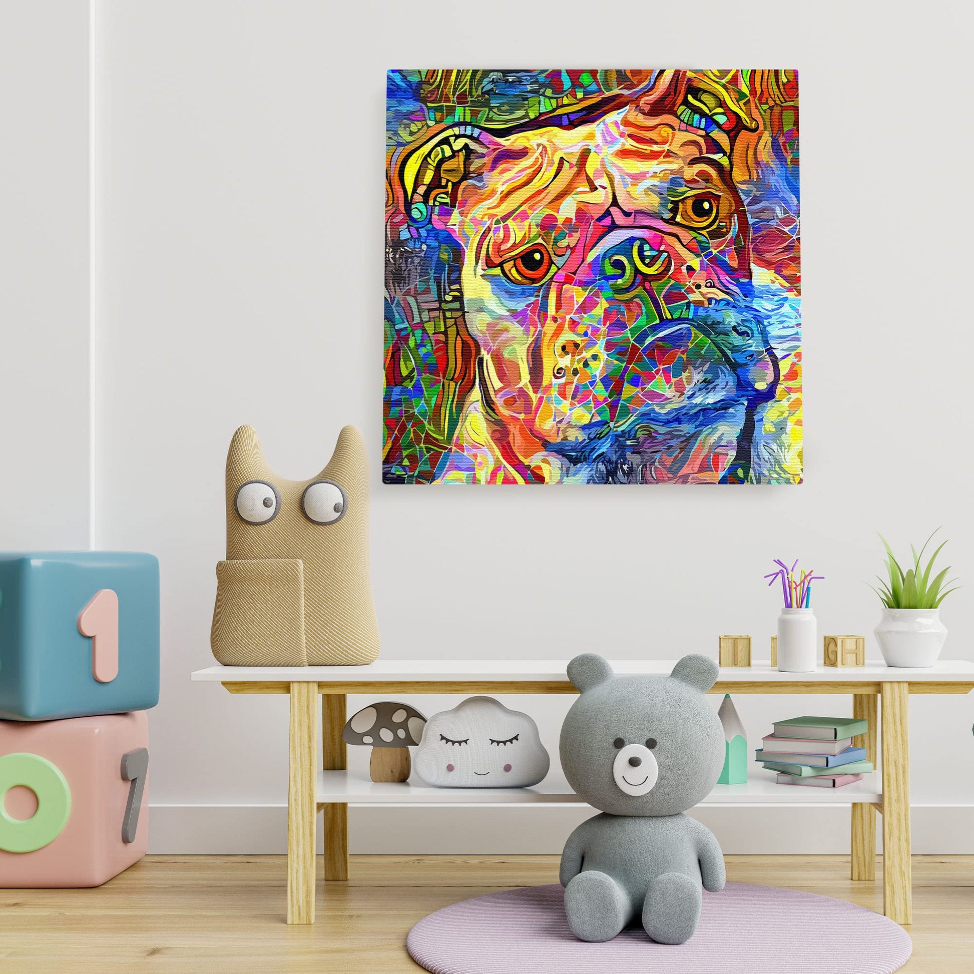 Colorful abstract English Bulldog art with vibrant multicolor brush strokes on square canvas hanging in playful kids room