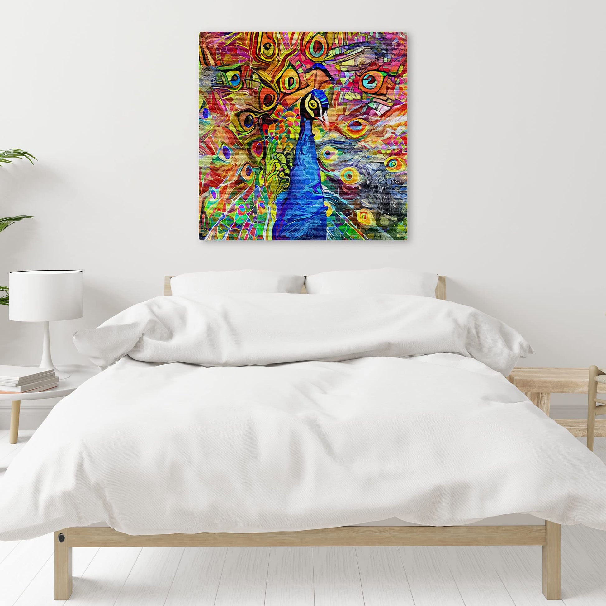 Colorful abstract peacock with vibrant swirling and geometric patterns on square wall art above minimalist bed in white bedroom