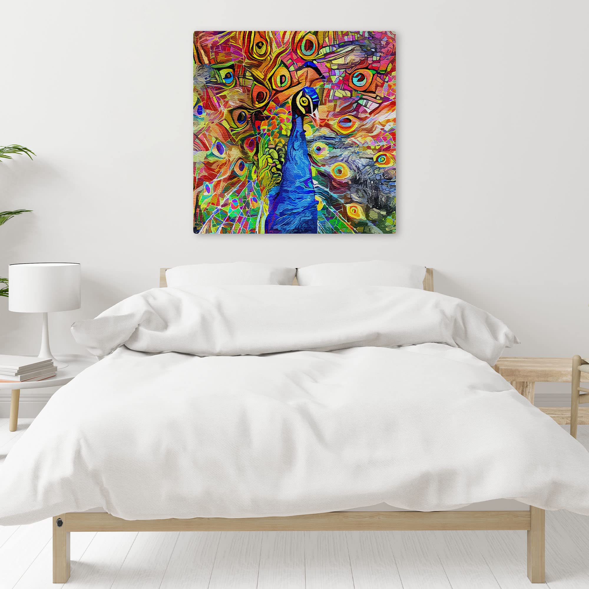 Colorful abstract peacock with vibrant swirling and geometric patterns on square wall art above minimalist bed in white bedroom