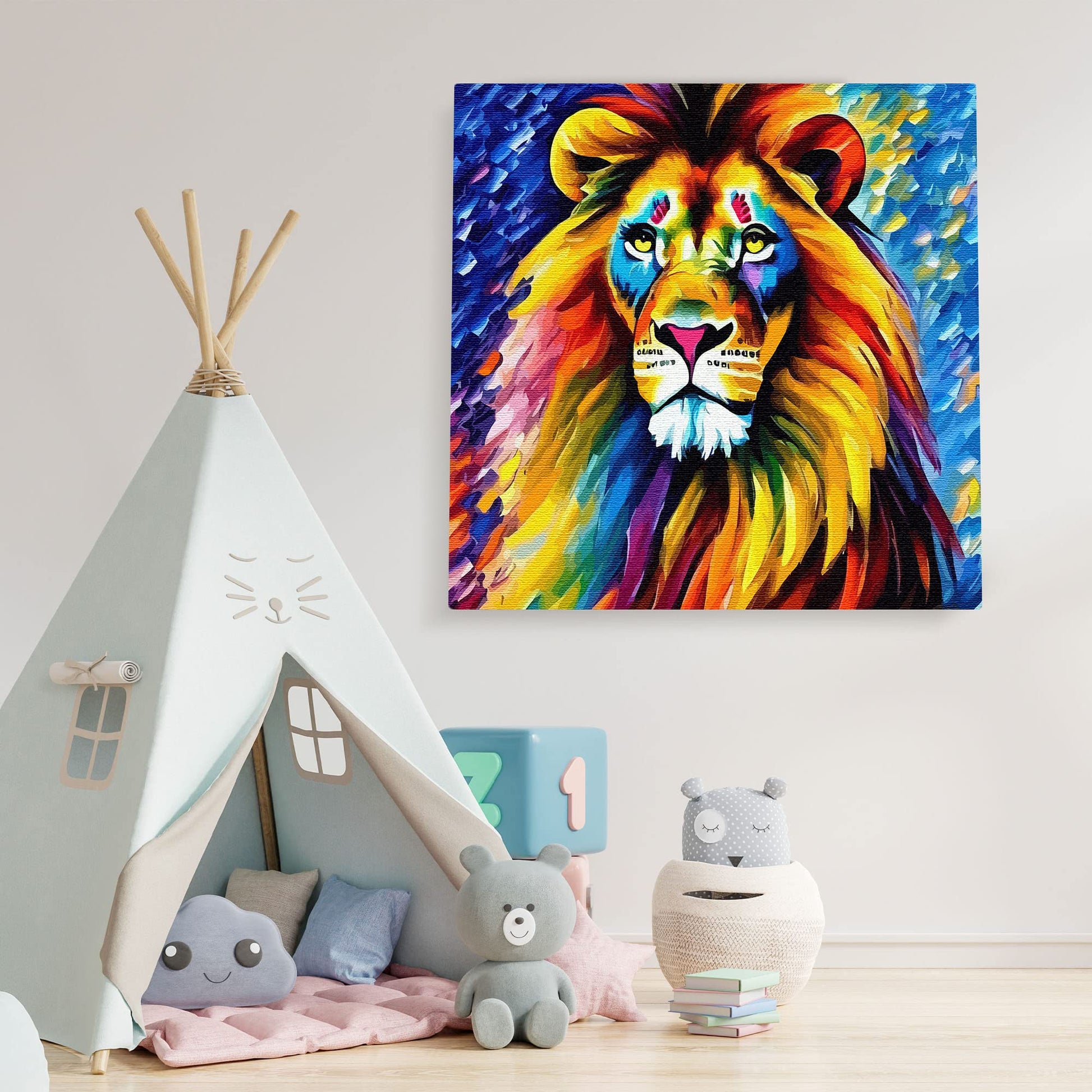Colorful wise old lion artwork on square canvas displayed on white wall in bright children's playroom with toys and tent