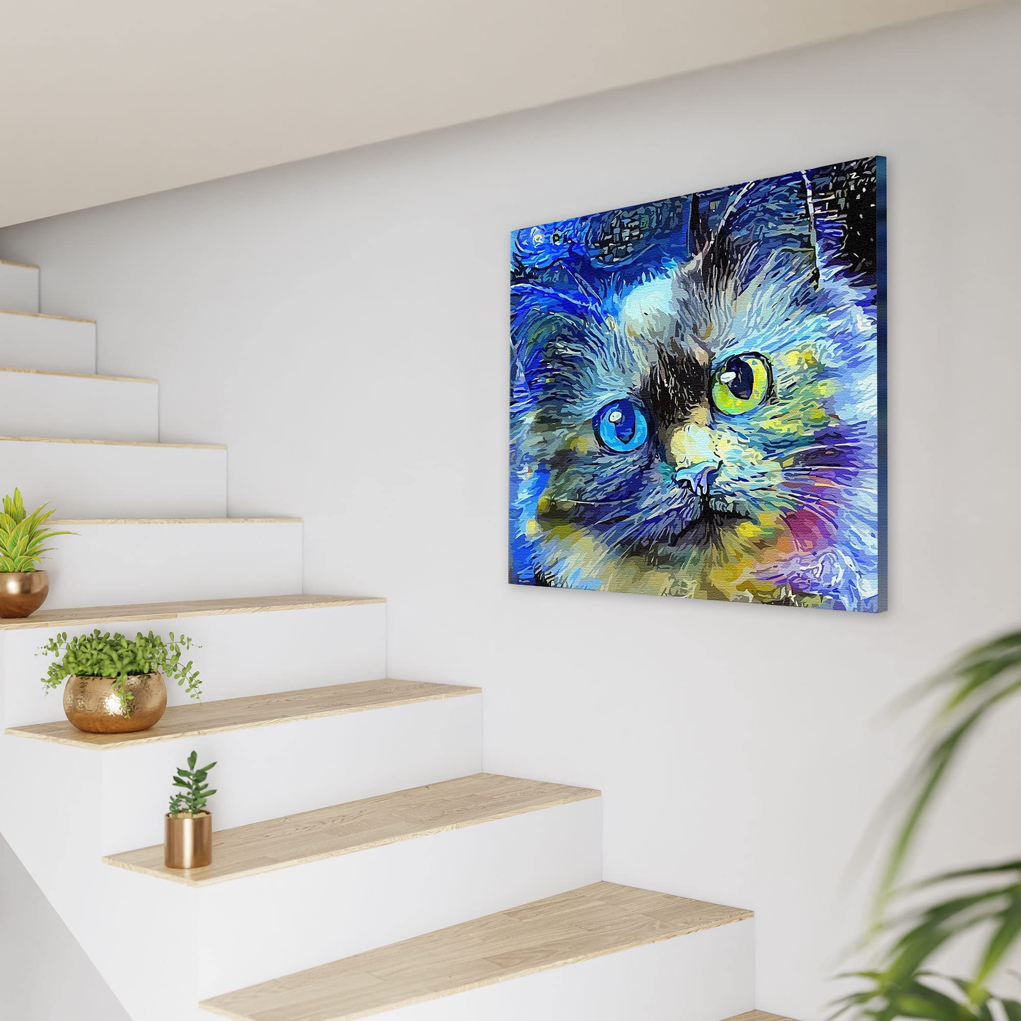 Blue cat canvas art with vibrant abstract brushstrokes and heterochromatic eyes displayed on white wall near staircase