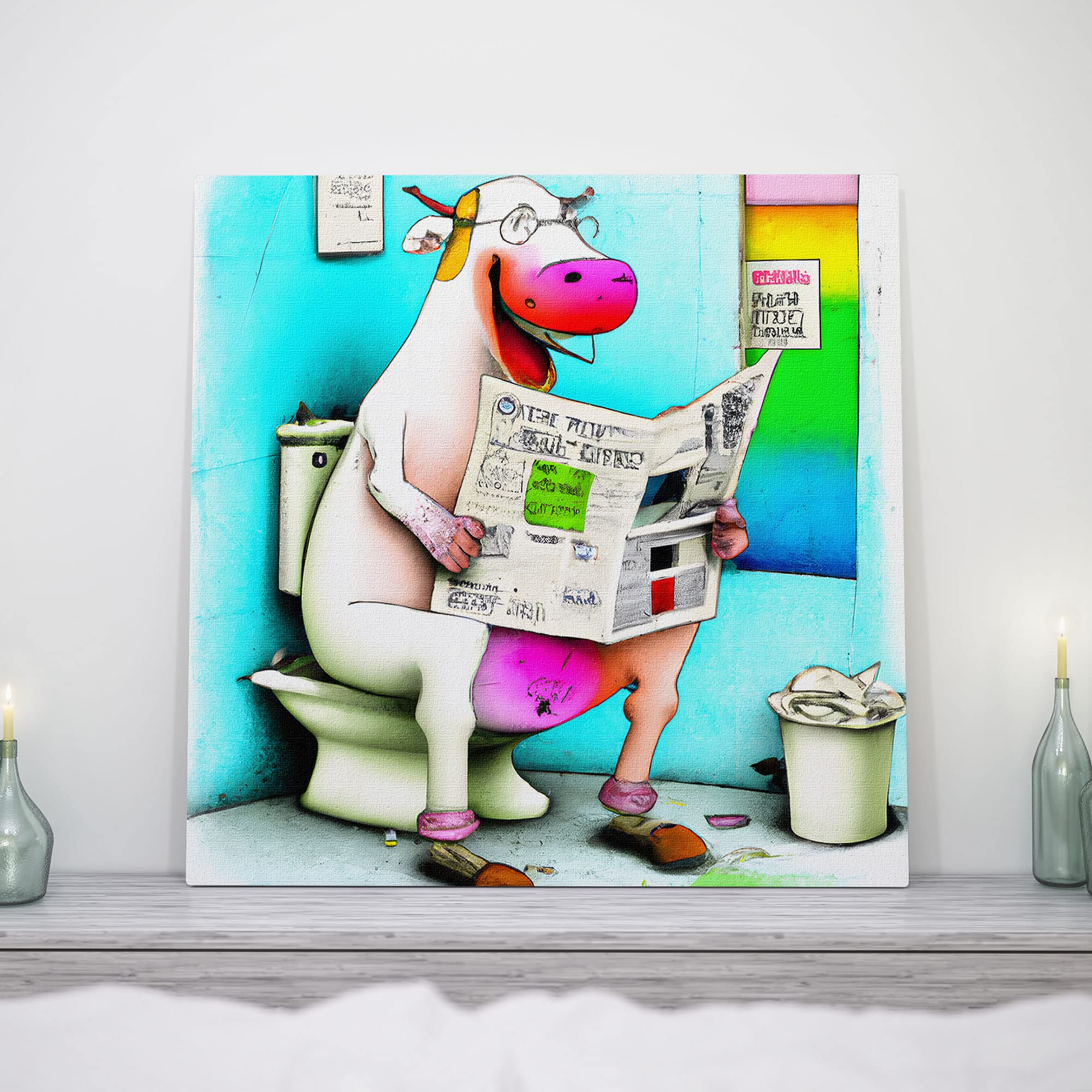 Funny animal bathroom wall art with cartoon cow wearing glasses sitting on toilet reading newspaper in colorful bathroom setting