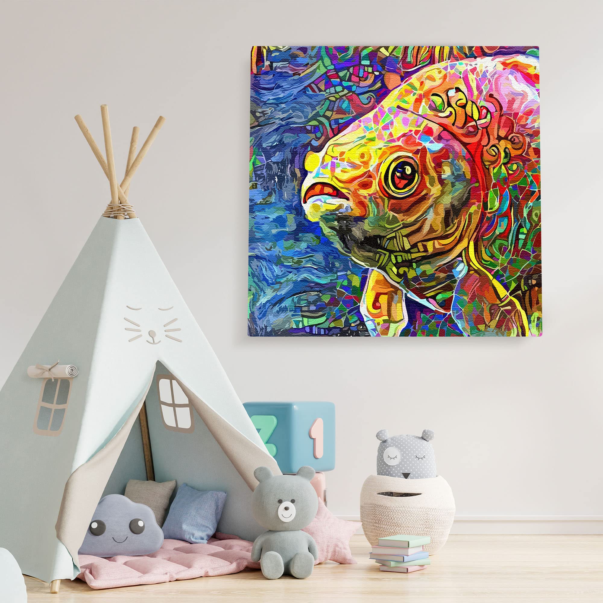 Colorful abstract koi fish art with vibrant patterns on canvas hanging on white wall in children's playroom