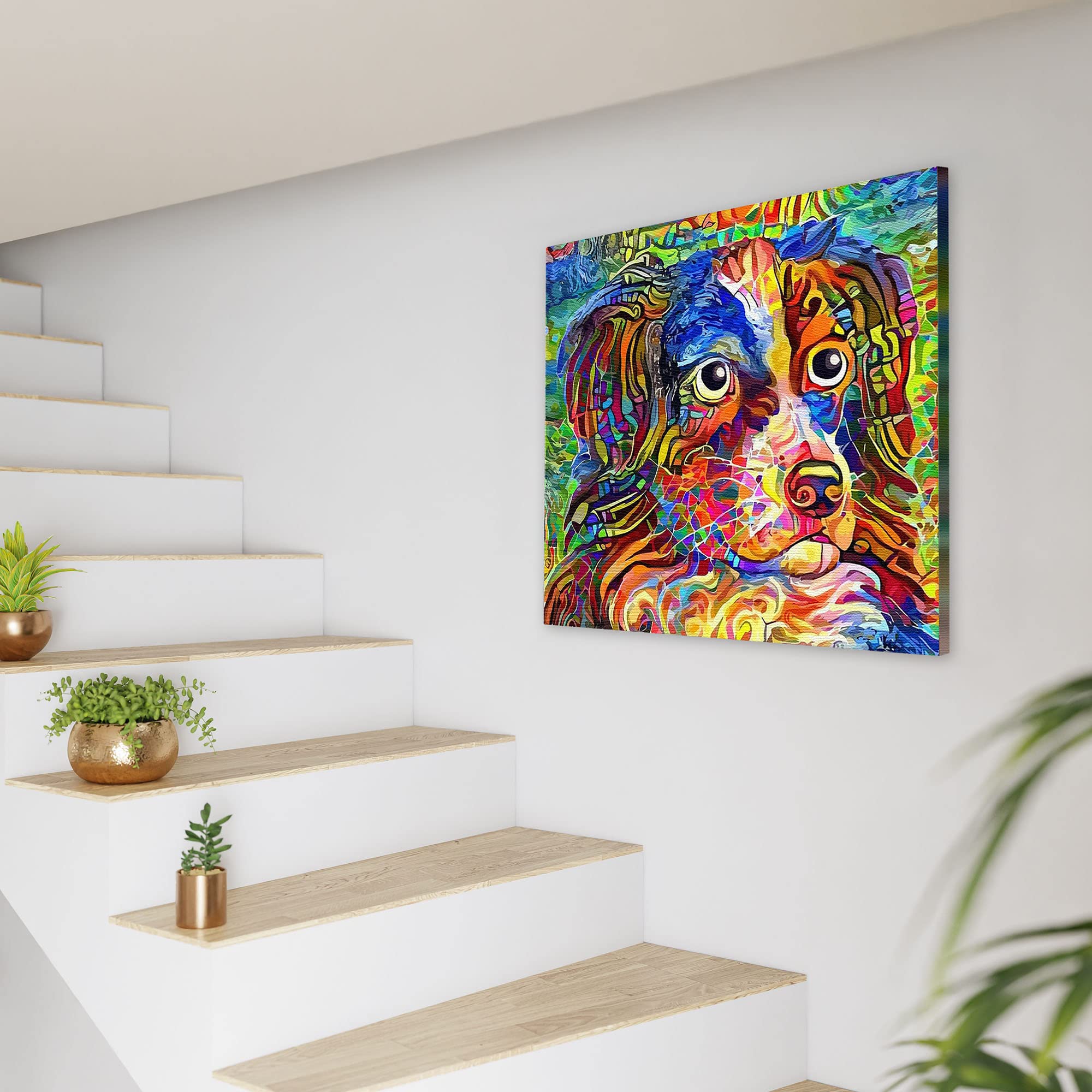Colorful abstract Border Collie dog art with vibrant multicolor brush strokes on canvas hanging on white wall near staircase