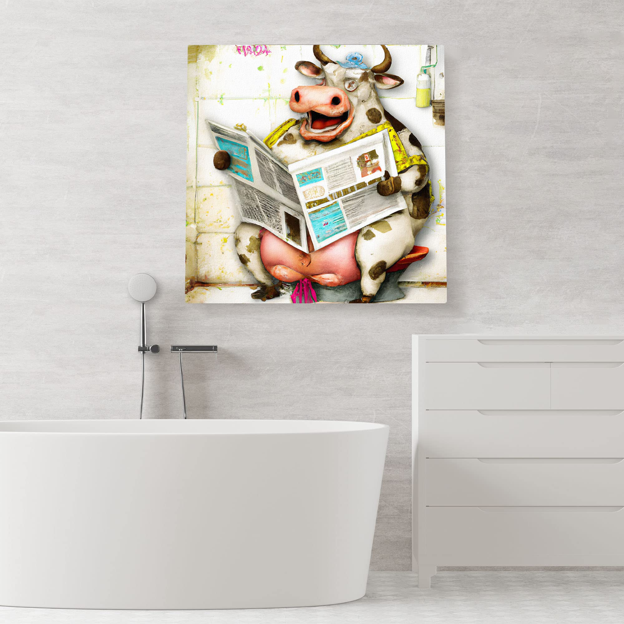 Colorful whimsical funny cow bathroom wall art with cartoon cow sitting on toilet reading newspaper with bathroom decor on wall