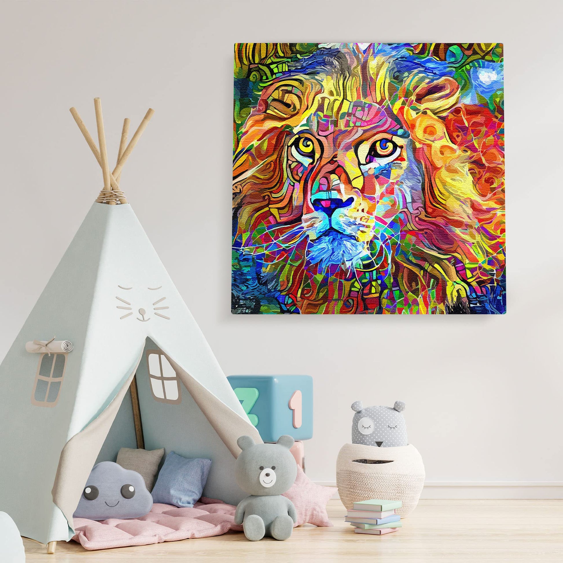 Vibrant colorful abstract king of the jungle lion artwork on square canvas displayed in bright playful children's room
