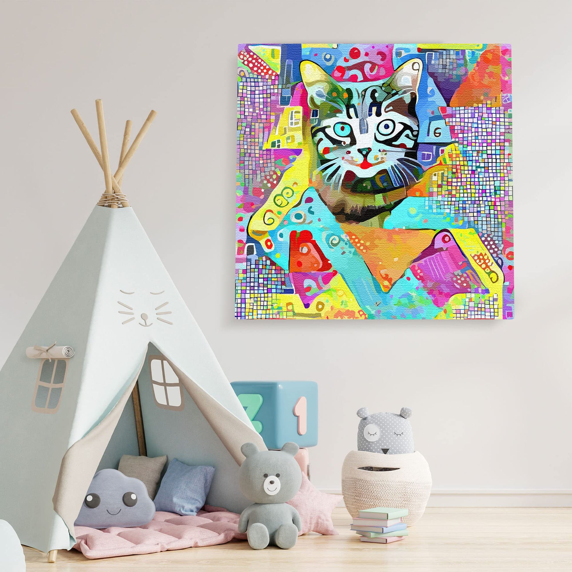 Colorful geometric cat wall art with vibrant abstract patterns on bright multicolor canvas in modern kids playroom