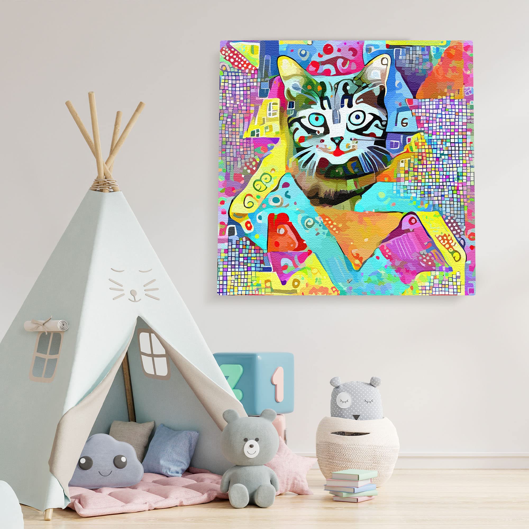 Colorful geometric cat wall art with vibrant abstract patterns on bright multicolor canvas in modern kids playroom