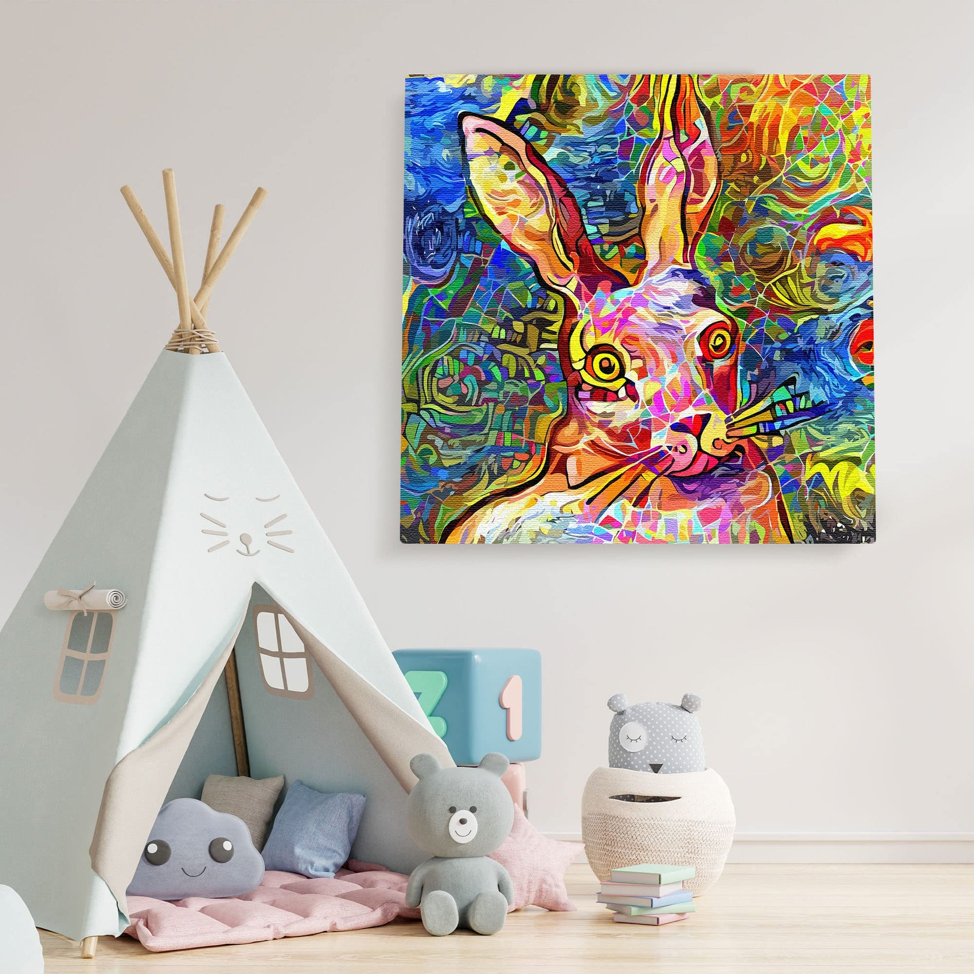 Abstract colorful bunny rabbit with vibrant geometric and intricate digital patterns on square canvas wall art above children's playroom tent