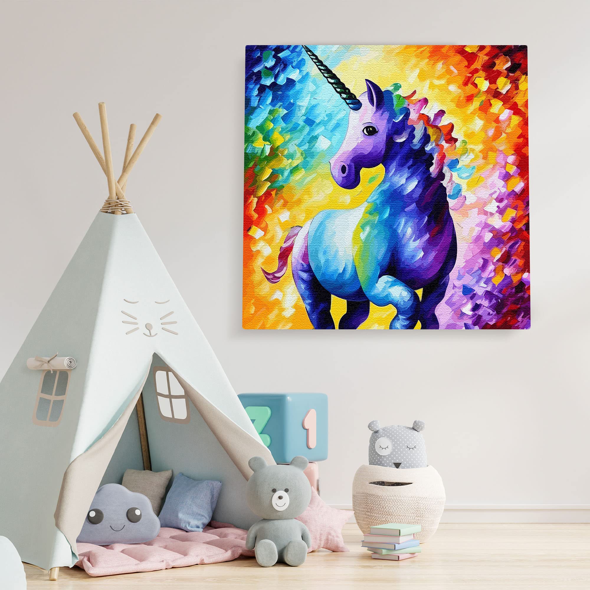 Vibrant purple unicorn with rainbow mane on colorful abstract background printed on square canvas in kids bedroom play area