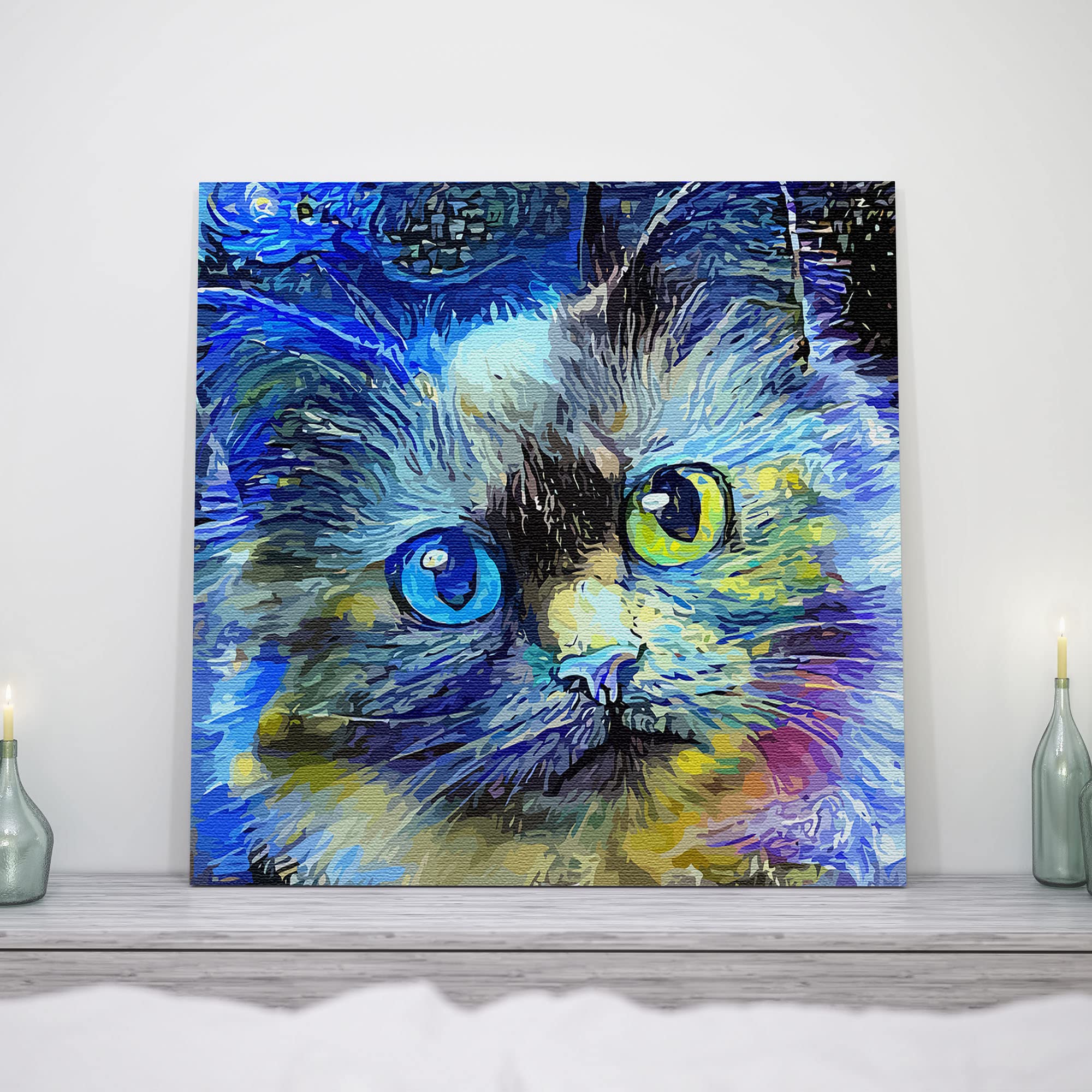 Blue cat canvas art with vibrant abstract brushstrokes and heterochromatic eyes displayed on rustic wooden mantel