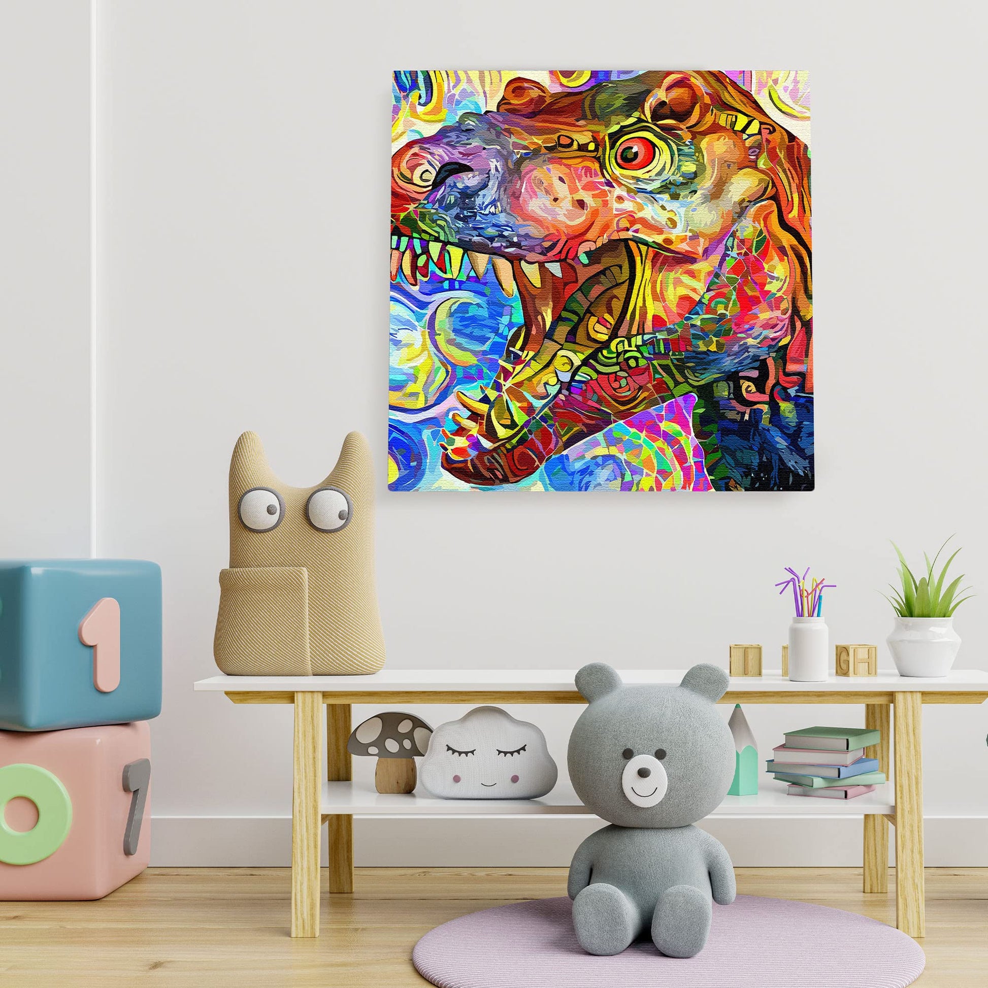 Colorful abstract T-Rex dinosaur wall art with vibrant swirling geometric patterns on square canvas in playful kids room