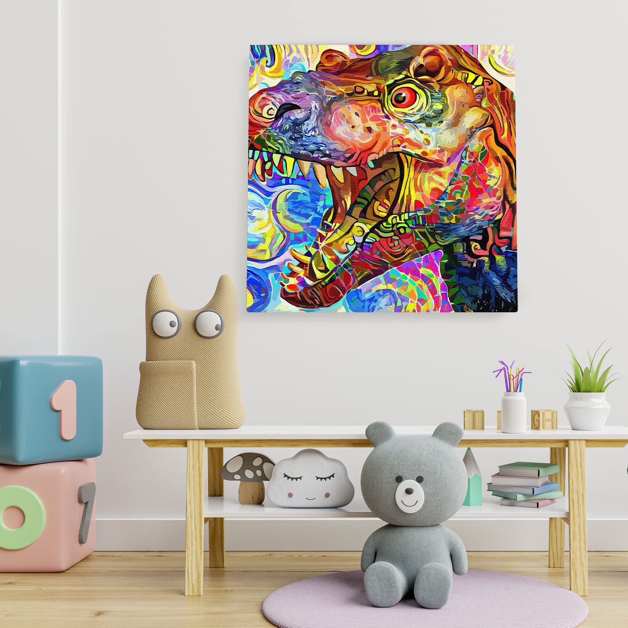Colorful abstract T-Rex dinosaur wall art with vibrant swirling geometric patterns on square canvas in playful kids room