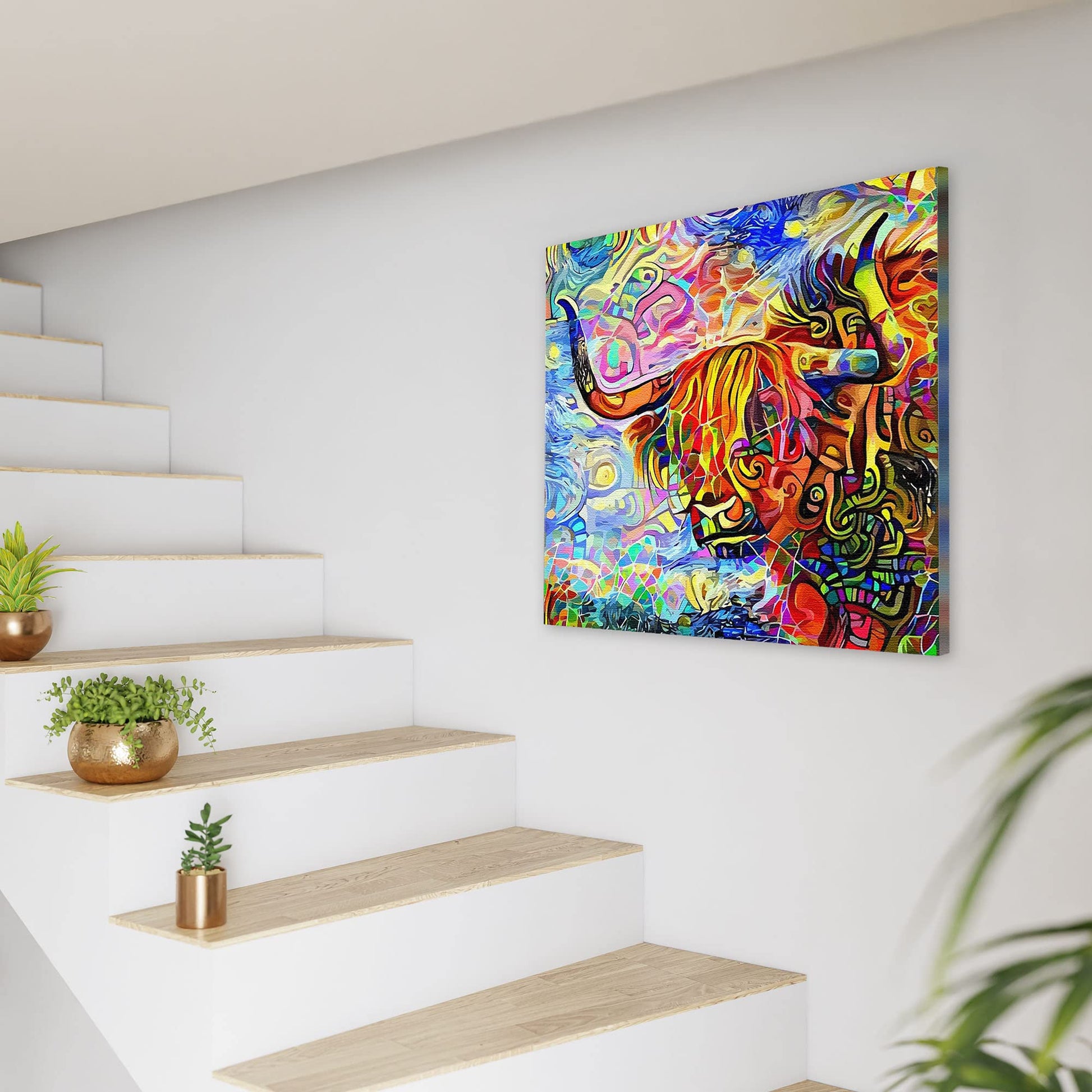 Colorful abstract Highland bull painting with vibrant swirling patterns on square canvas displayed on white wall near stairs