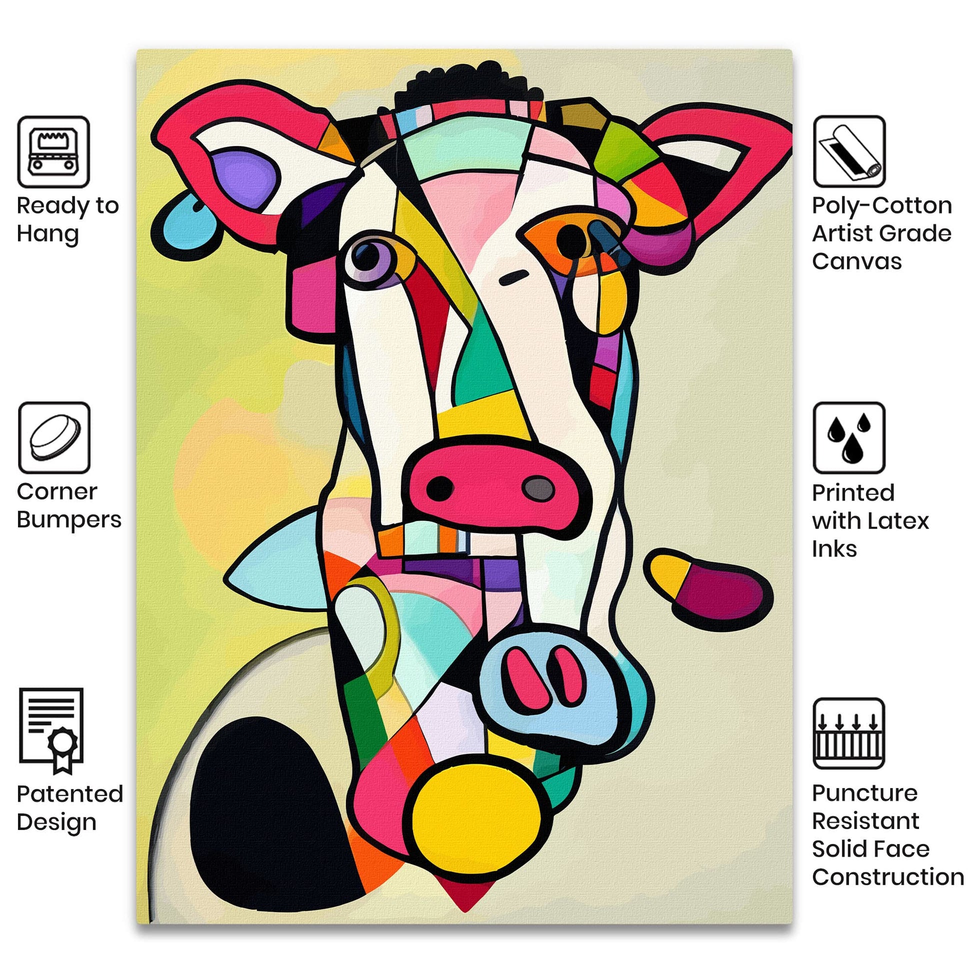 Colorful abstract cow painting with bold geometric shapes on poly-cotton canvas with pastel background