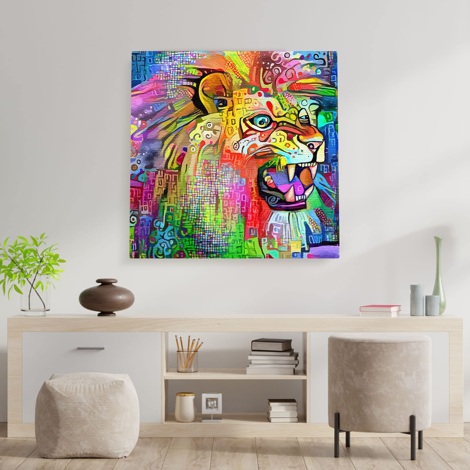 Vibrant multicolored abstract lion artwork on square canvas displayed on white wall above modern console table
