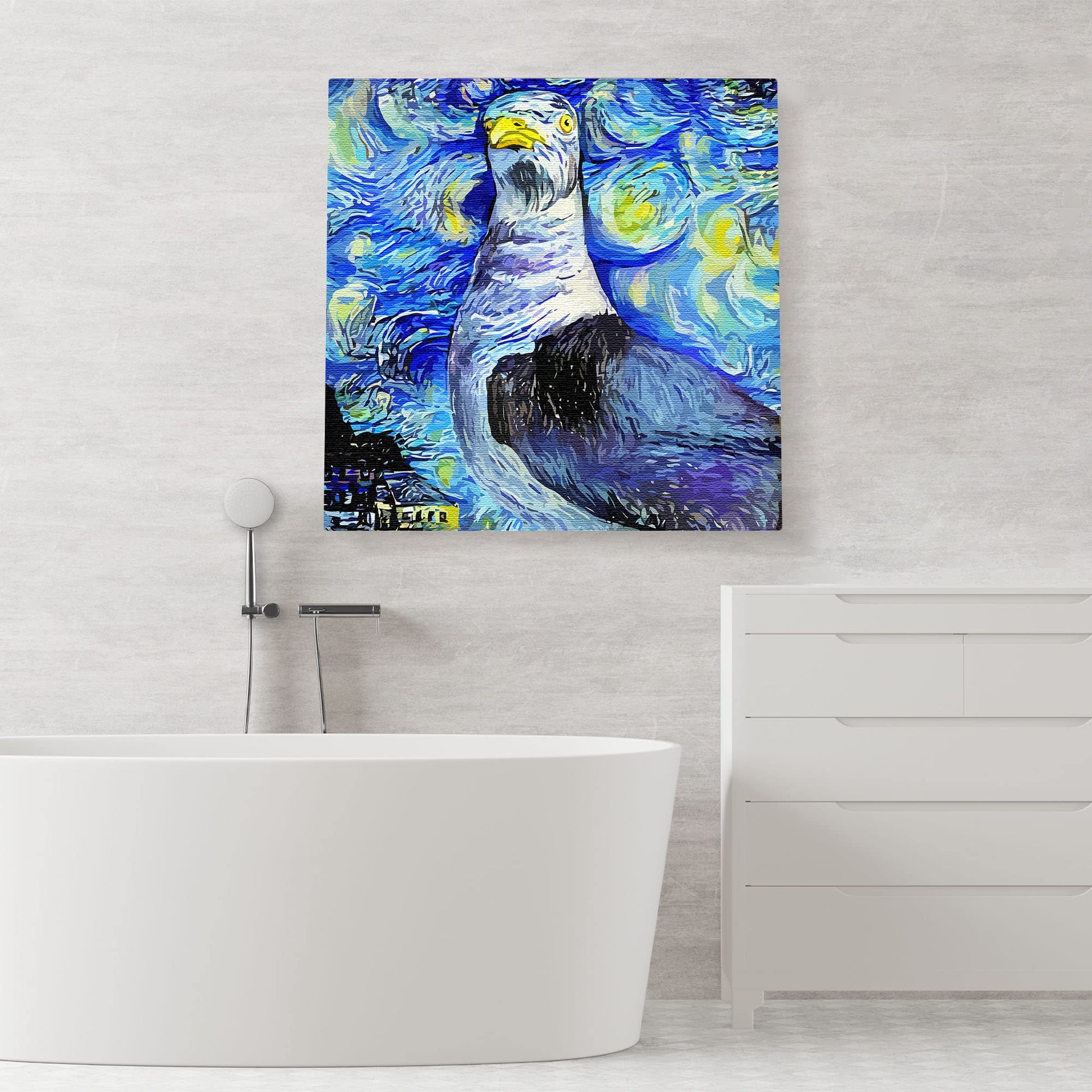 Abstract blue seagull with swirling vibrant patterns and starry night sky on square canvas wall art above bathtub
