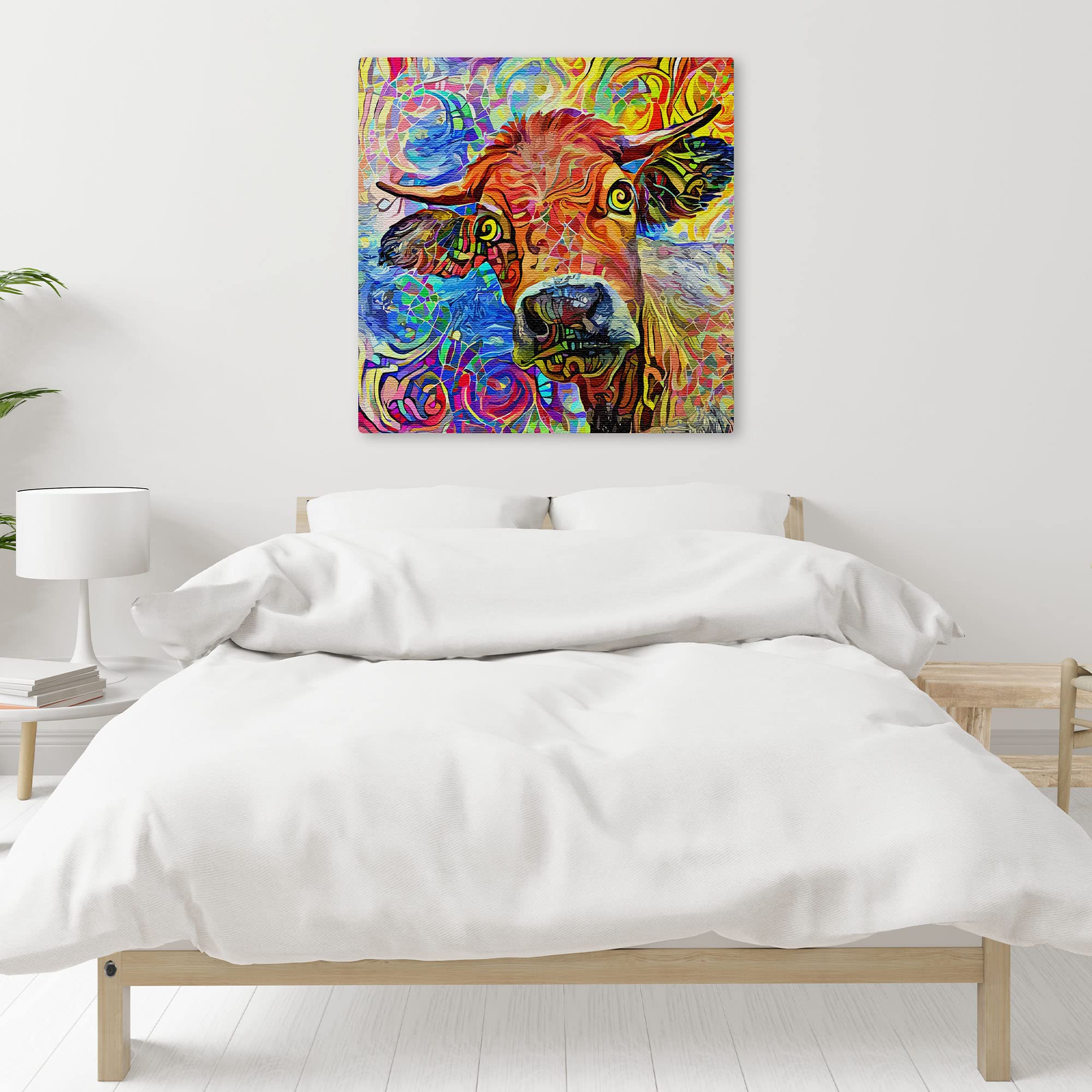 Colorful abstract cow painting with vibrant swirling patterns on square canvas displayed above bed in bright minimalist bedroom
