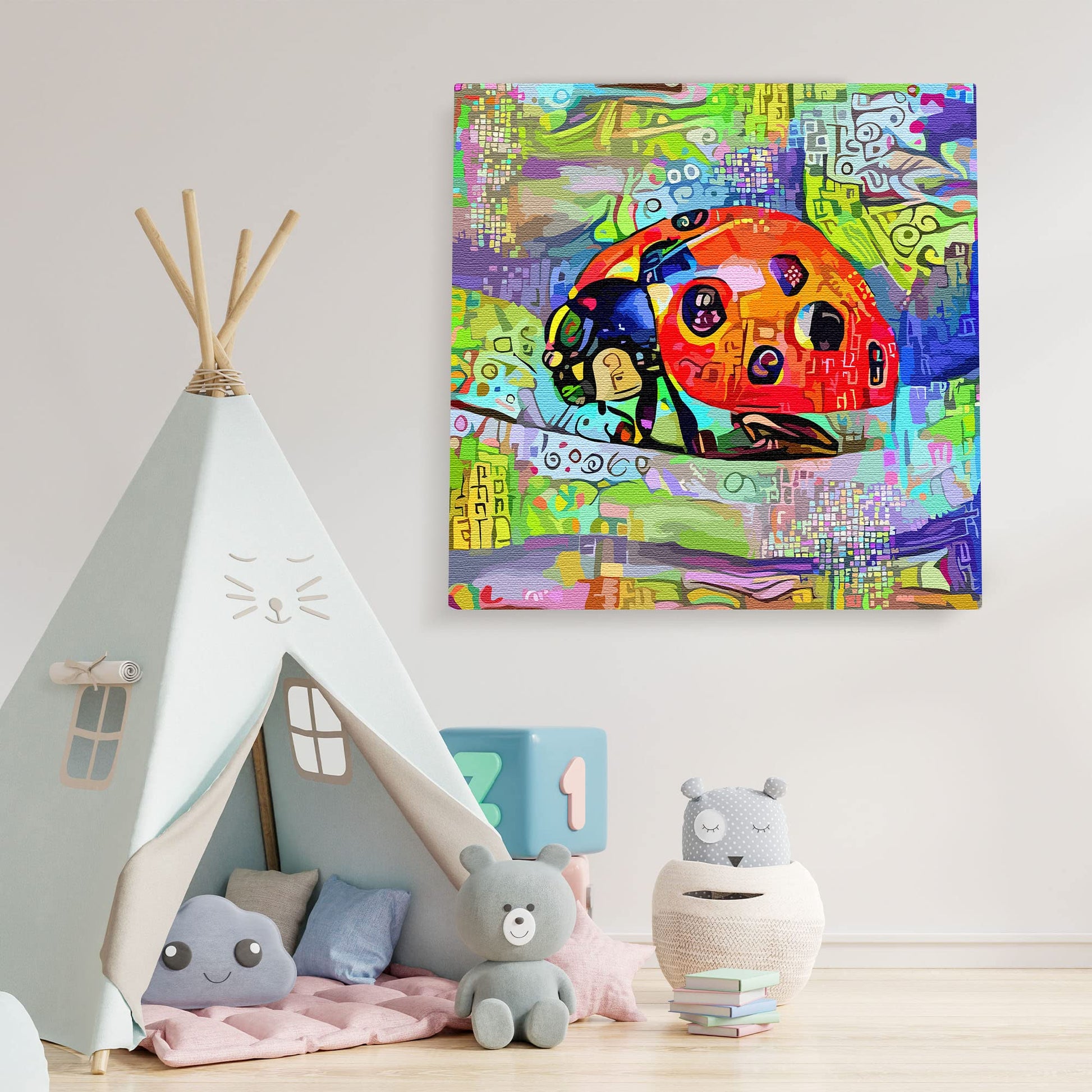 Colorful abstract ladybug wall art with vibrant geometric patterns on textured canvas in playful children's room setting