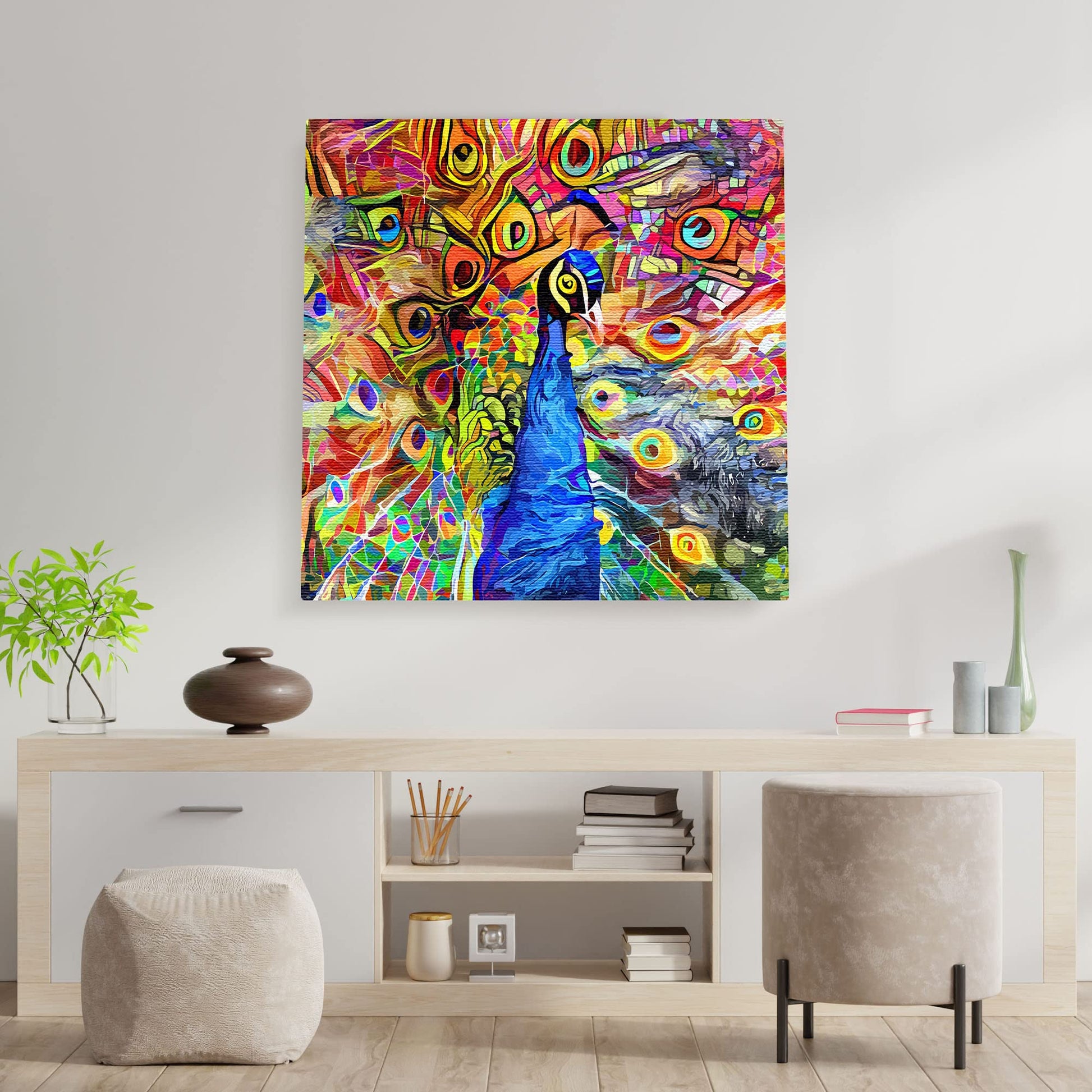 Colorful abstract peacock with vibrant geometric and swirling patterns on square canvas wall art above modern console table