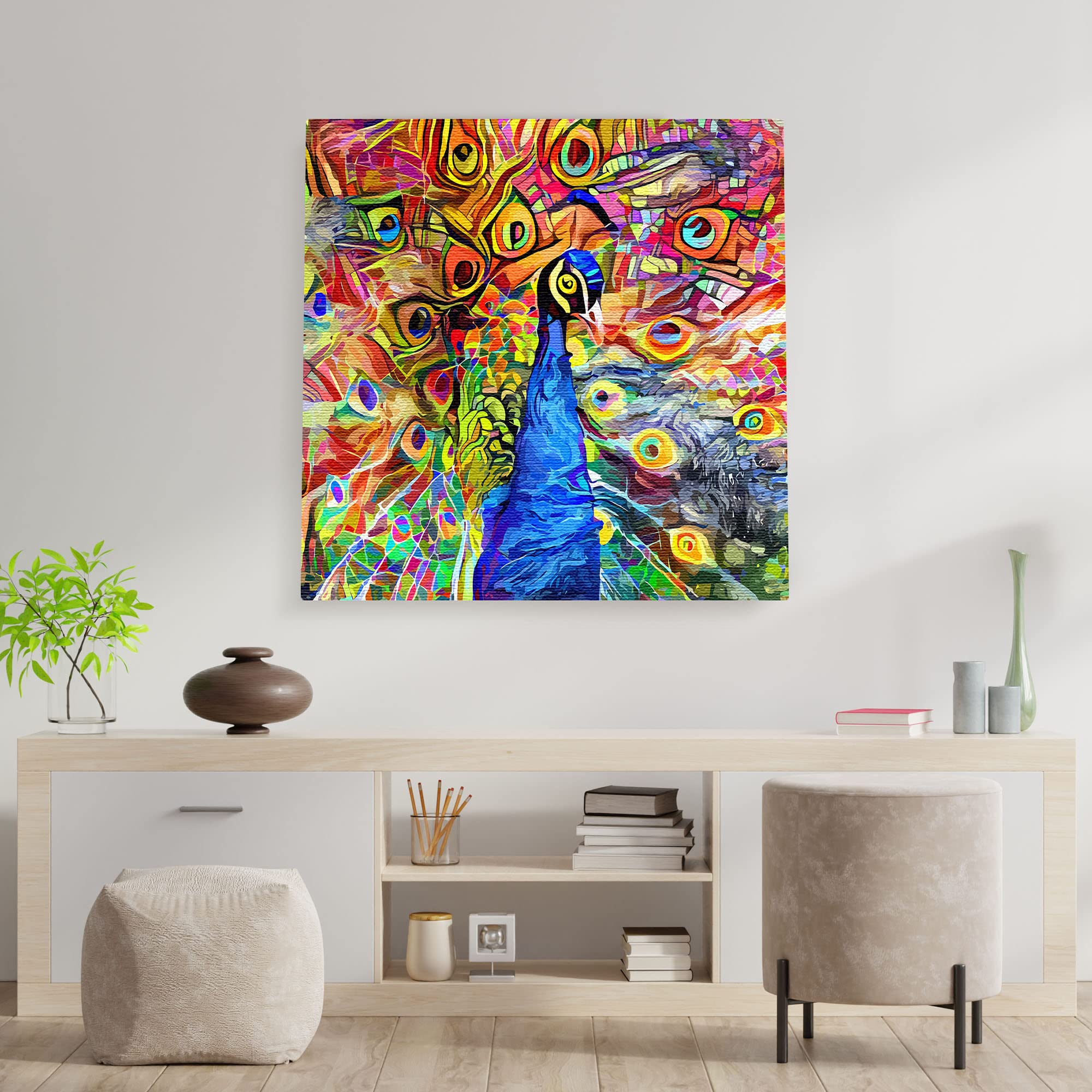 Colorful abstract peacock with vibrant geometric and swirling patterns on square canvas wall art above modern console table